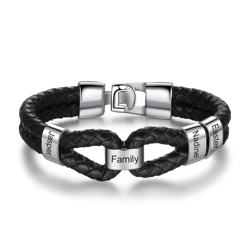 Pulsera 1-7 Nombres Personalizados de Cuero Trenzado con Aros-Jessemade ES
