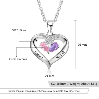 Collar para mujer de corazón 2 nombres y 2 piedras personalizados de plata 925