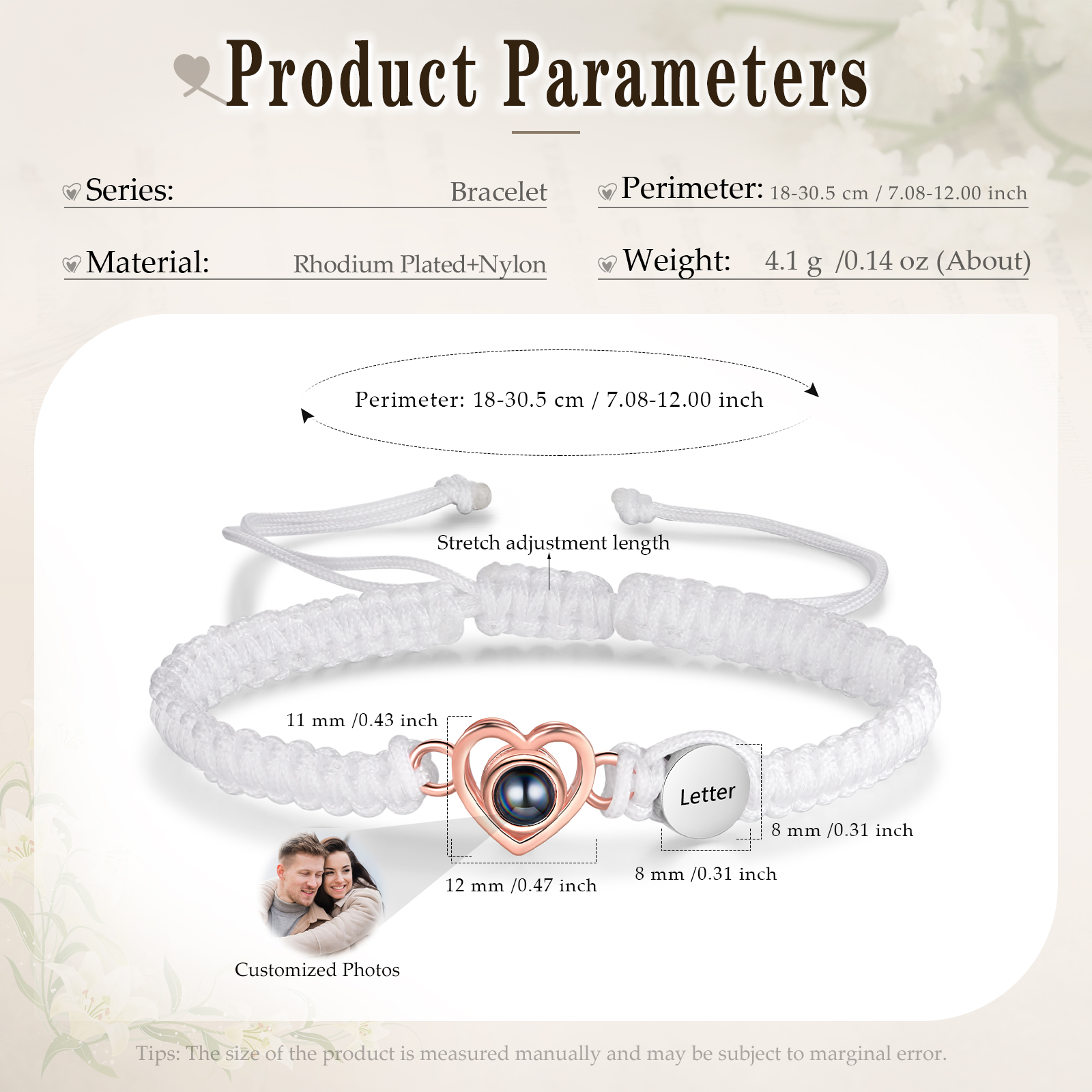 Pulsera con proyección de foto en color con dije de corazón y 2 colores de cuerda ajustable-Jessemade ES