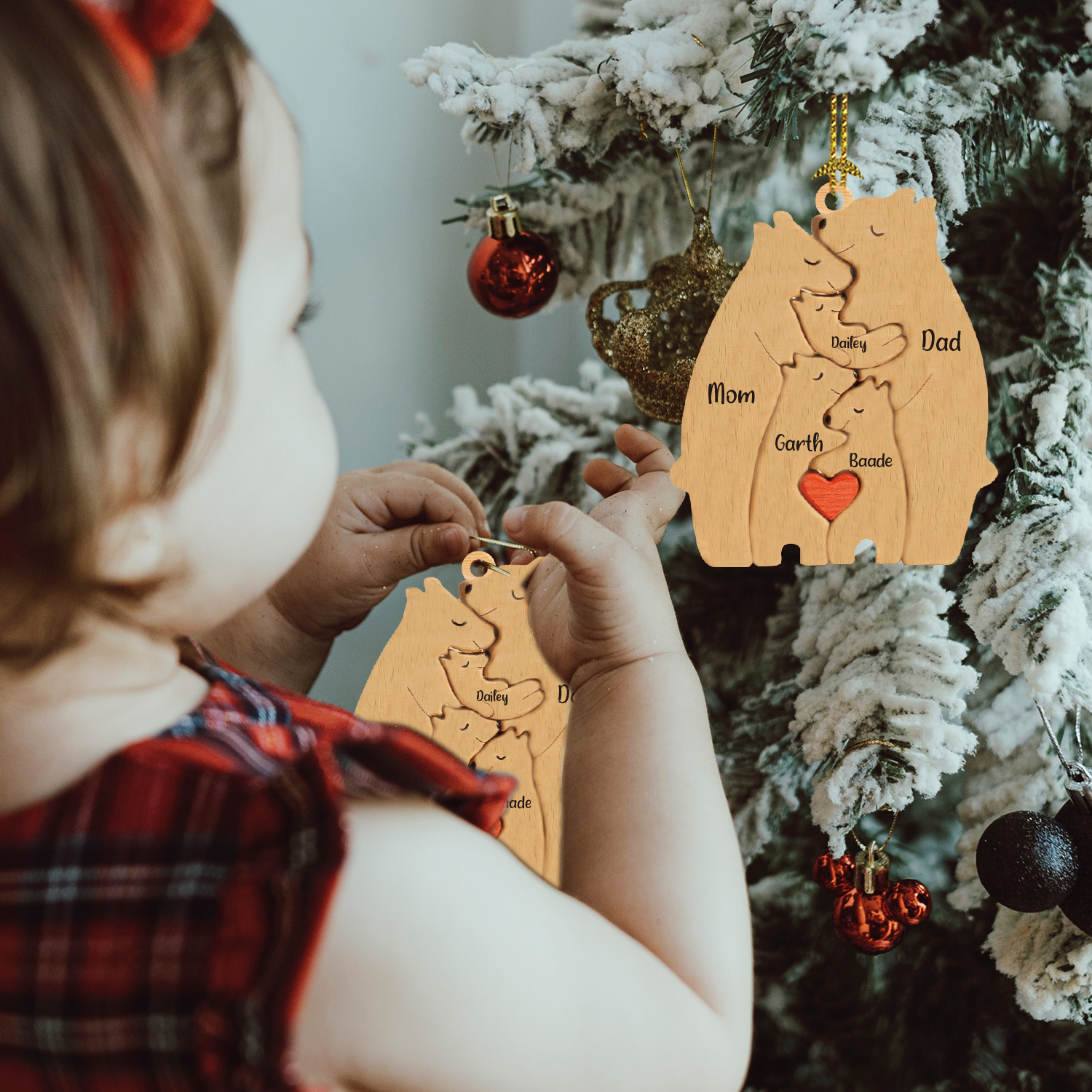 Navidad-Ornamento muñecos navideño de madera familia de canguros 5 nombres personalizados adorno del árbol-Jessemade ES