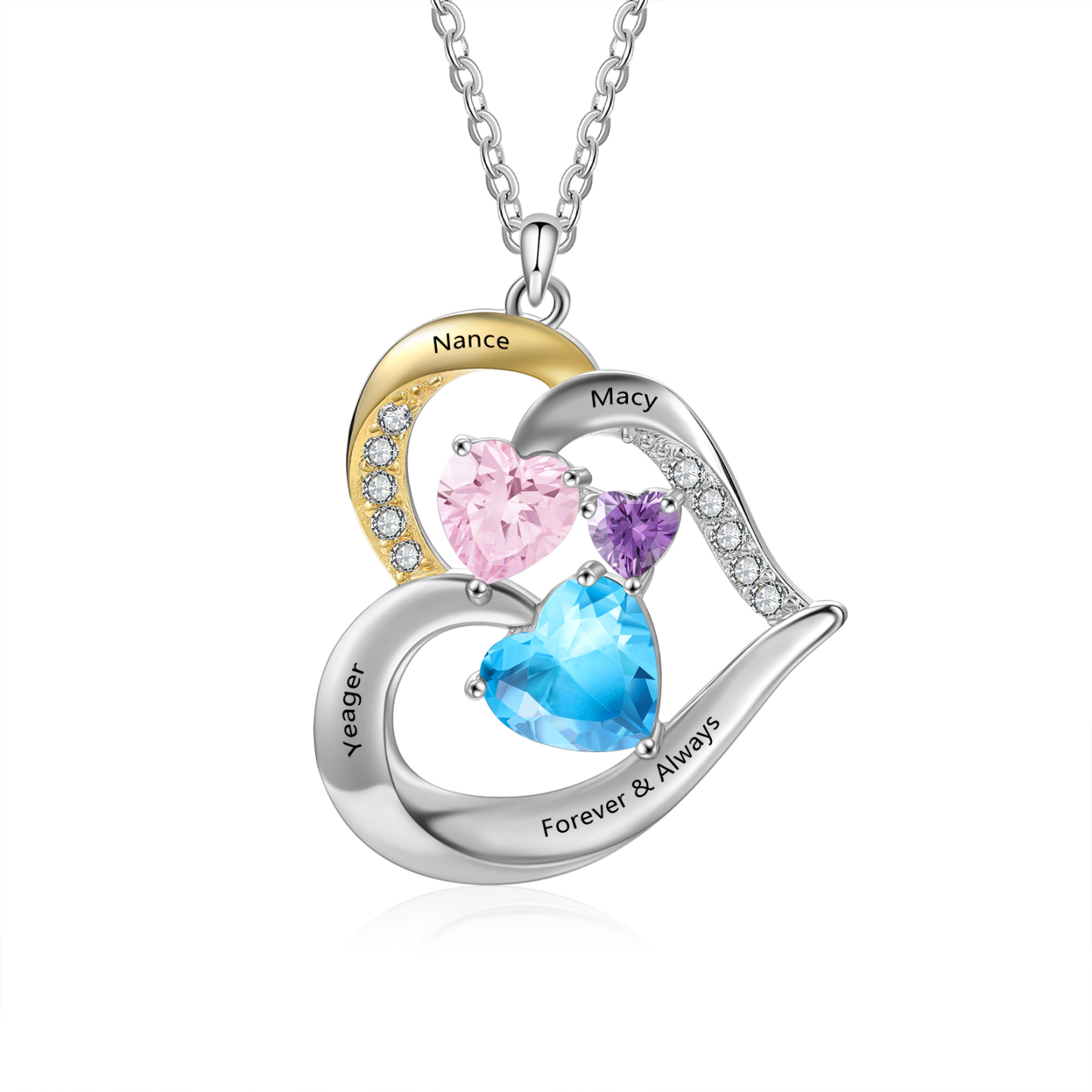 Collar corazón con 3 nombres, 1 texto y 3 piedras de nacimiento personalizados-Jessemade ES