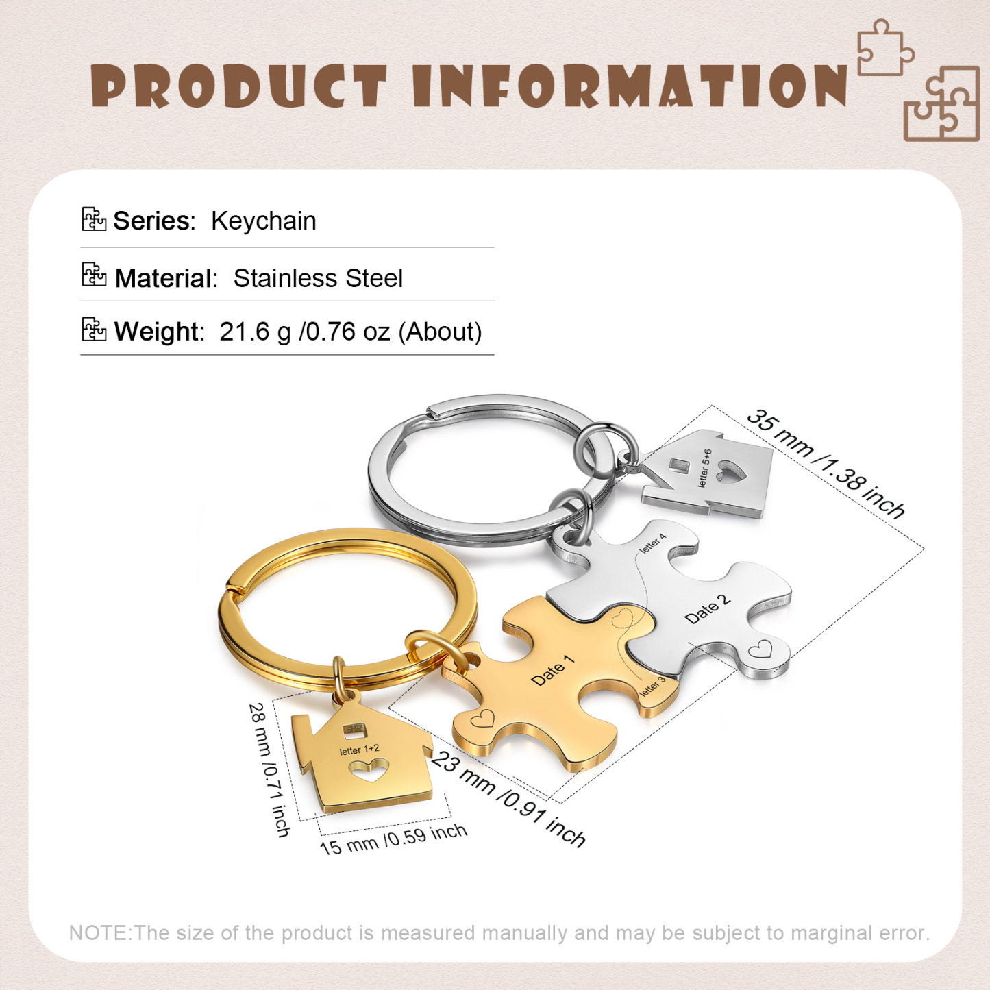 Llavero para pareja rompecabezas 2 letras personalizadas con fecha dije de casa-Jessemade ES
