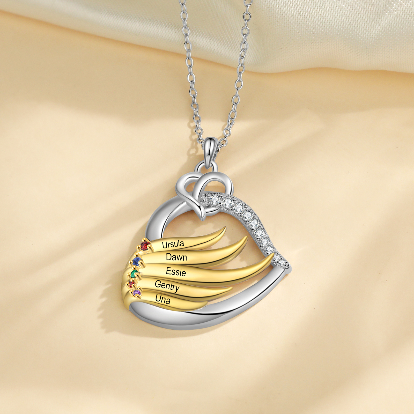 Collar en corazón con 2-5 nombres personalizados y 2-5 piedras de nacimiento-Jessemade ES