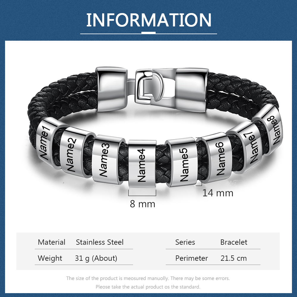 A mi papá-Pulsera de cuero trenzado Pulsera de hombre con 7 aros personalizados con 7 nombres-Jessemade ES