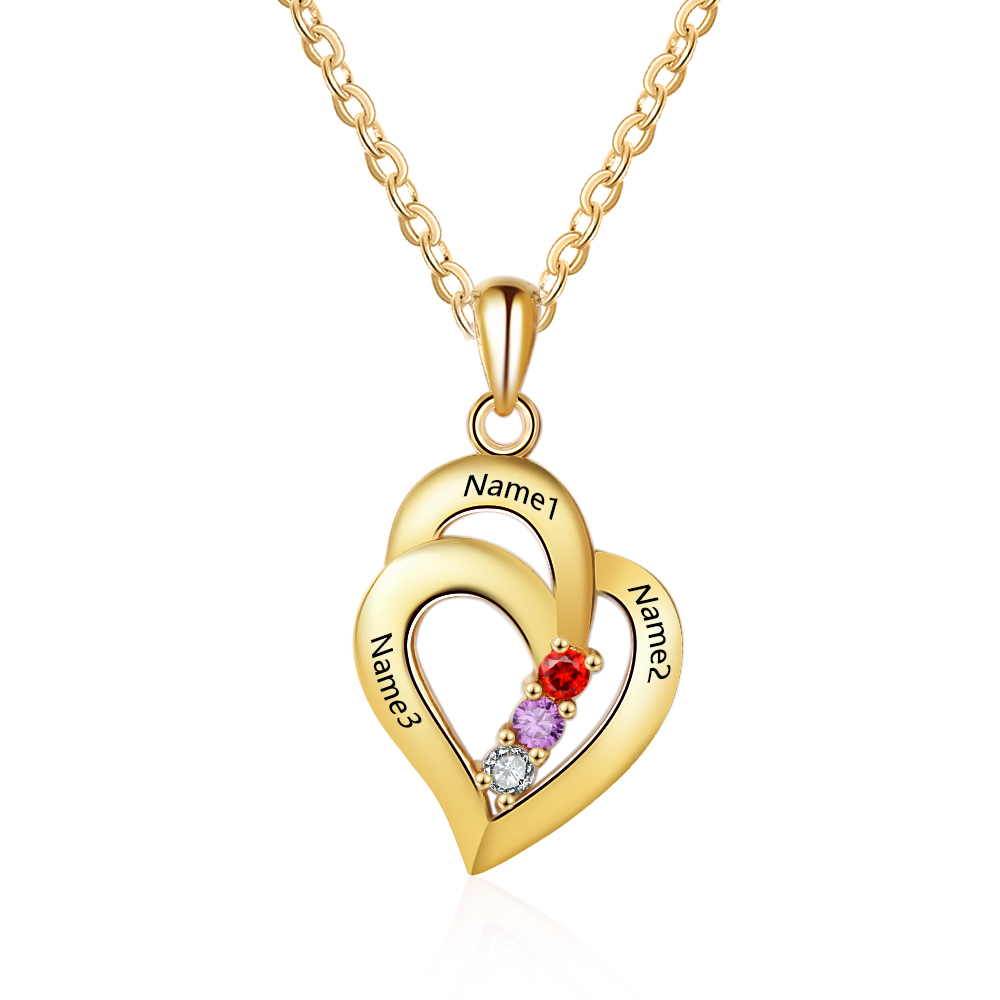Collar para mujer de corazón de plata 925 personalizado con 3 piedras de nacimiento y 3 nombres