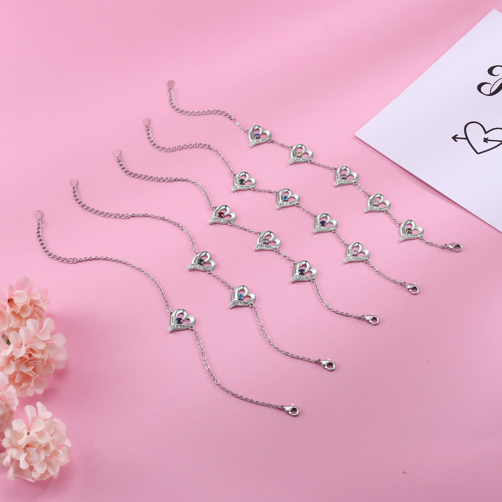 Pulsera de Corazones 5 Nombres Personalizados con 5 Piedras de Nacimiento-Jessemade ES