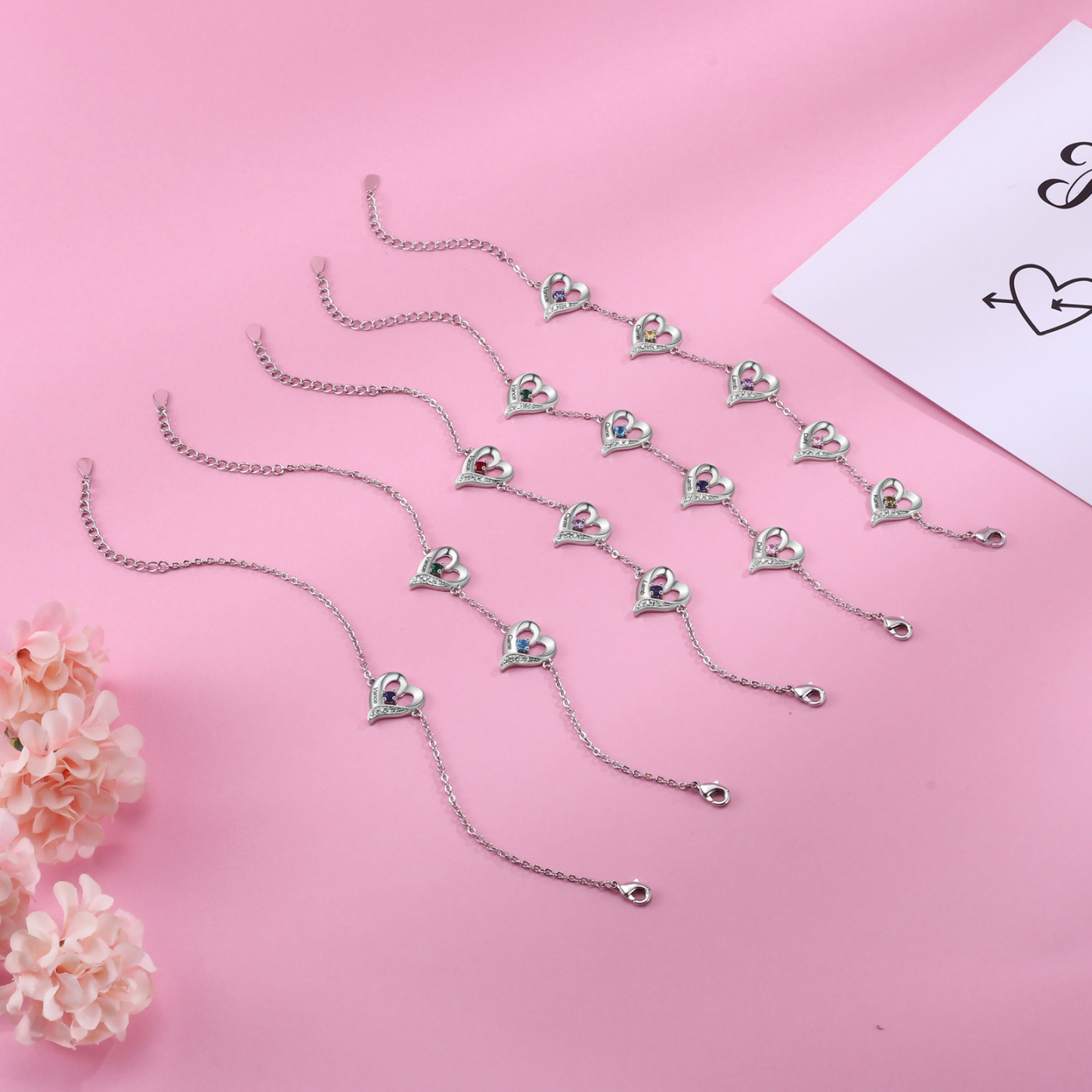 Pulsera de Corazones 5 Nombres Personalizados con 5 Piedras de Nacimiento-Jessemade ES