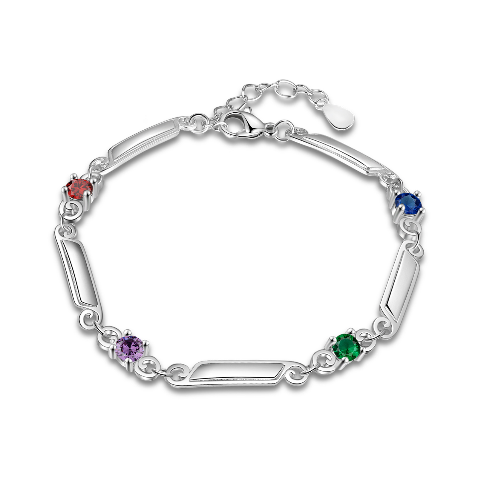 Pulsera para mujer de lazos y placitas personalizada de 4 nombres con 4 piedras de nacimiento