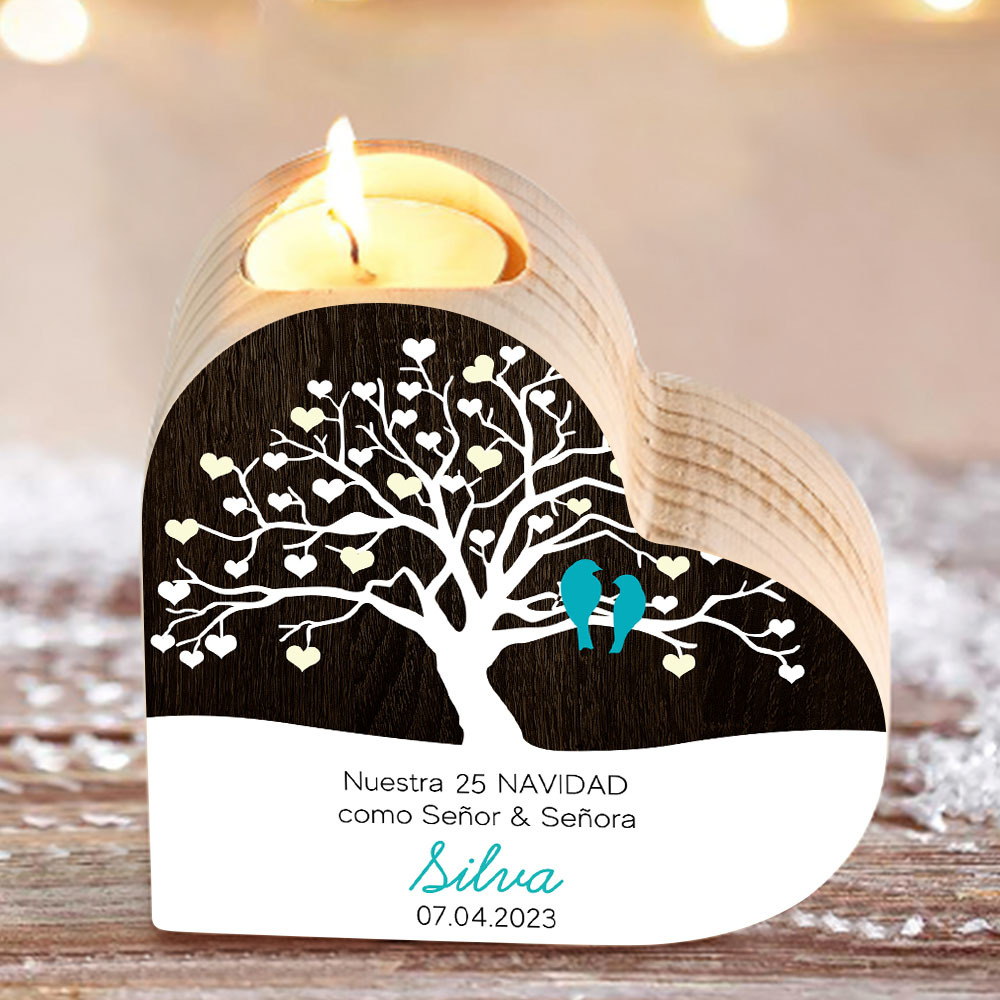 Aniversario de Navidad-Candelero de madera para pareja con pájaros de amor sin vela personalizado con apellido, fecha y número-Jessemade ES