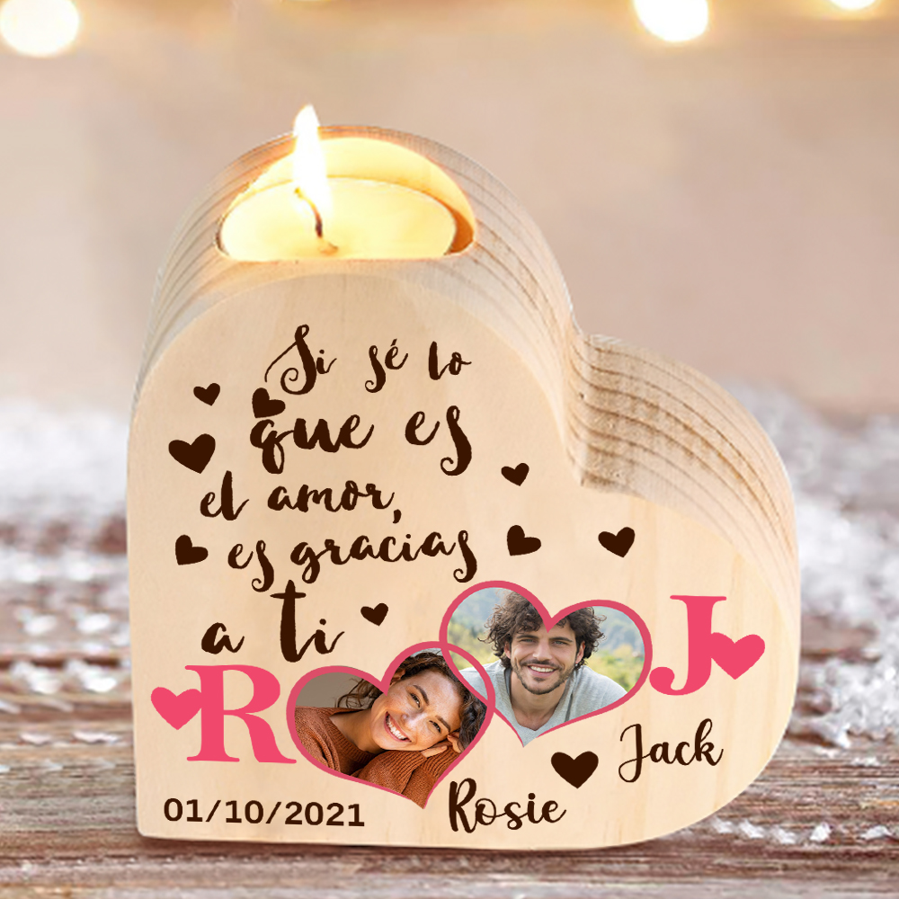 Candelero de madera para pareja con 2 fotos sin vela personalizado con 2 nombres, 2 letras y fecha-Jessemade ES