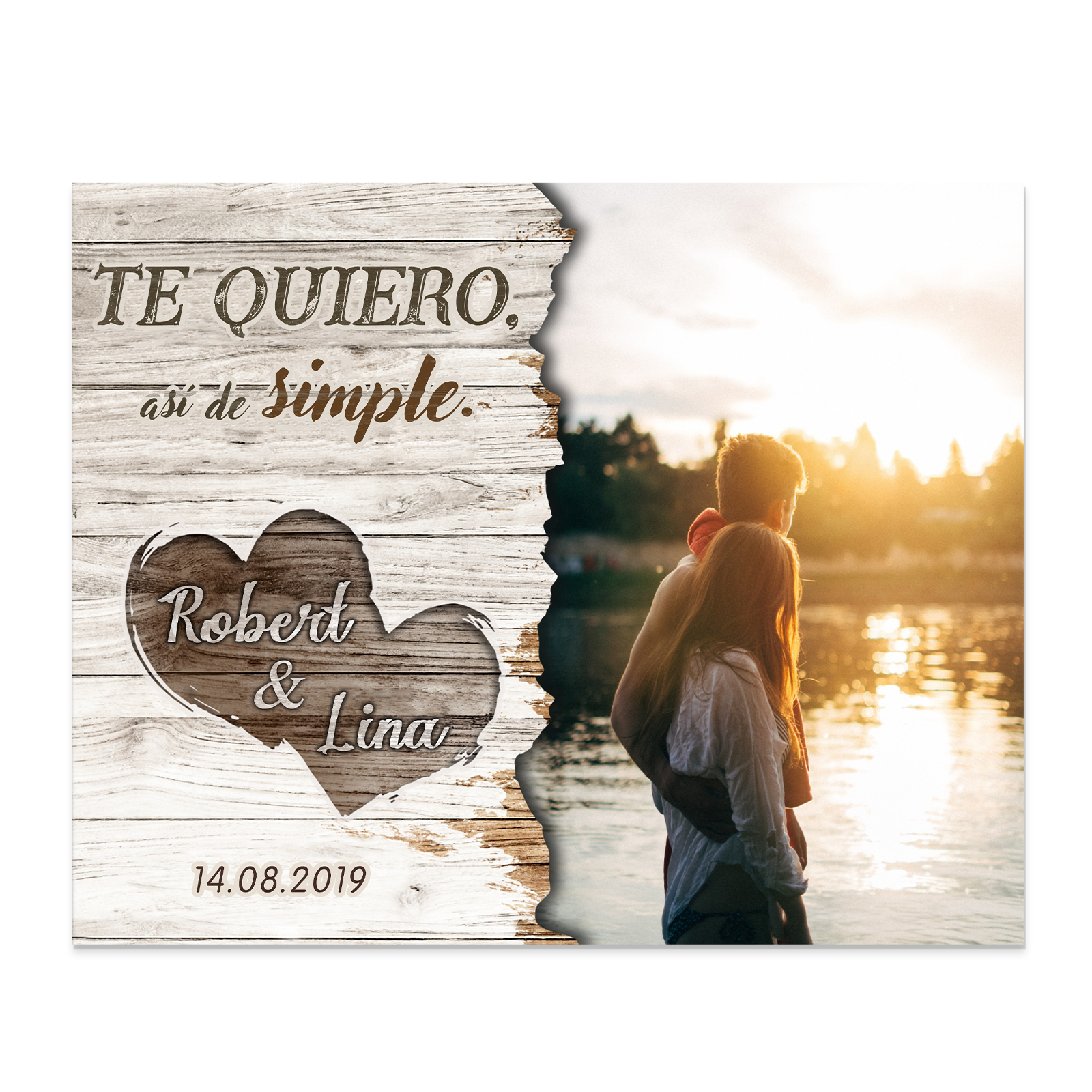 Lámina marco de madera para pareja 2 nombres personalizados con fecha y foto-Jessemade ES