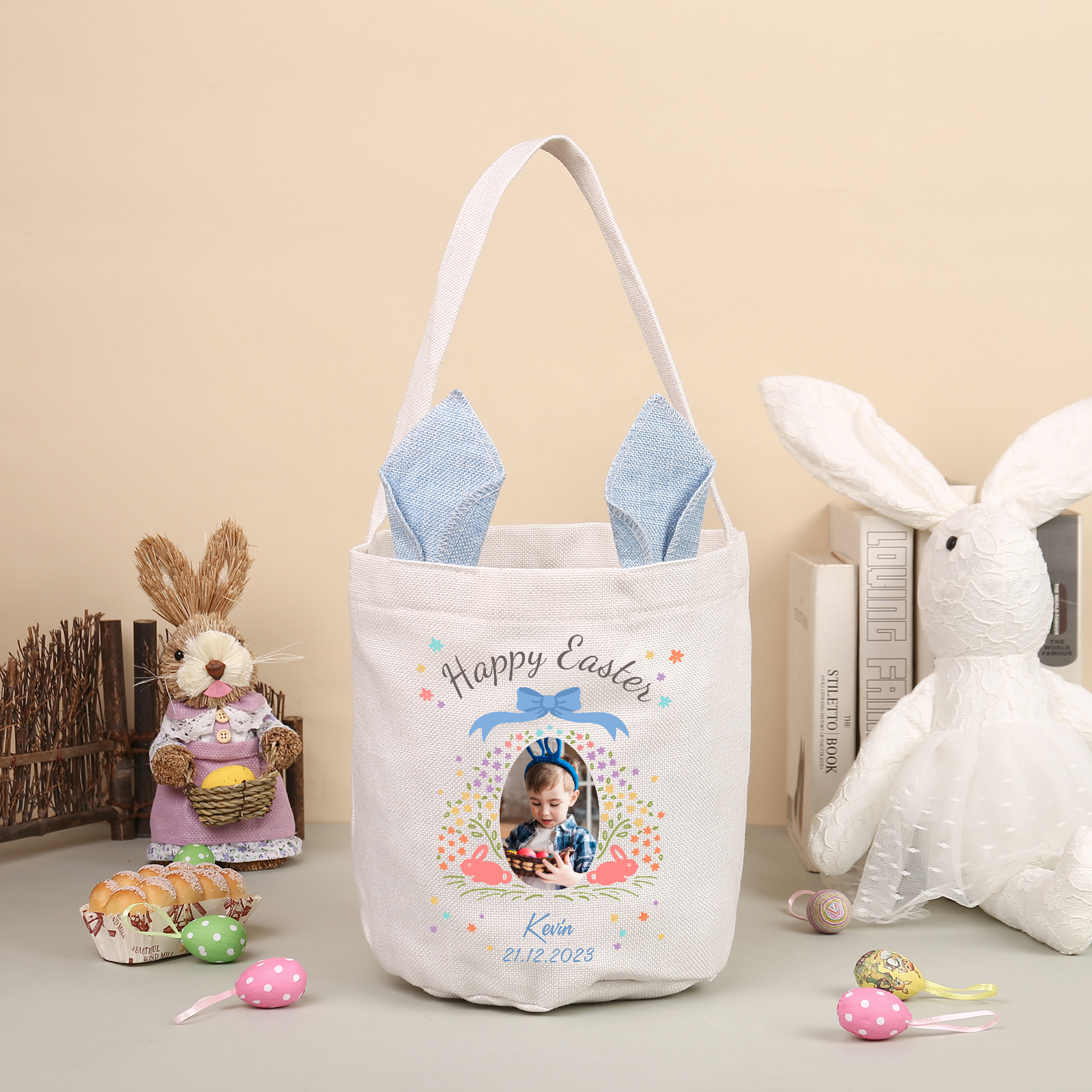 Pascua-Bolsa de conejo con 1 nombre, 1 texto, 1 fecha y 1 foto personalizados-Jessemade ES