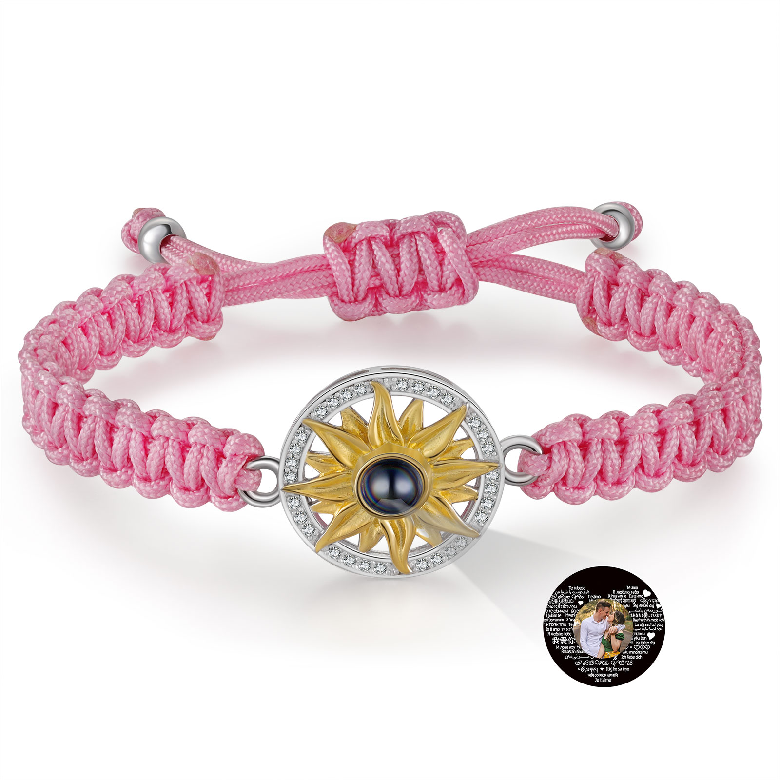 Pulsera con proyección de foto con dije de girasol cuerda rosa-Jessemade ES