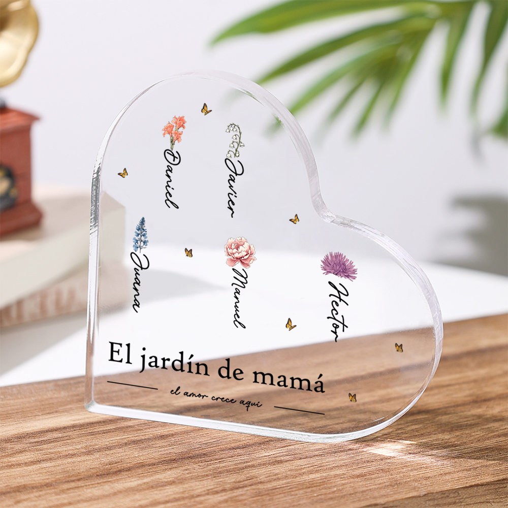 A mi mamá/abuela-Placa de acrílico en forma de corazón jardín 1-10 nombres y flores personalizados con 1 texto-Jessemade ES
