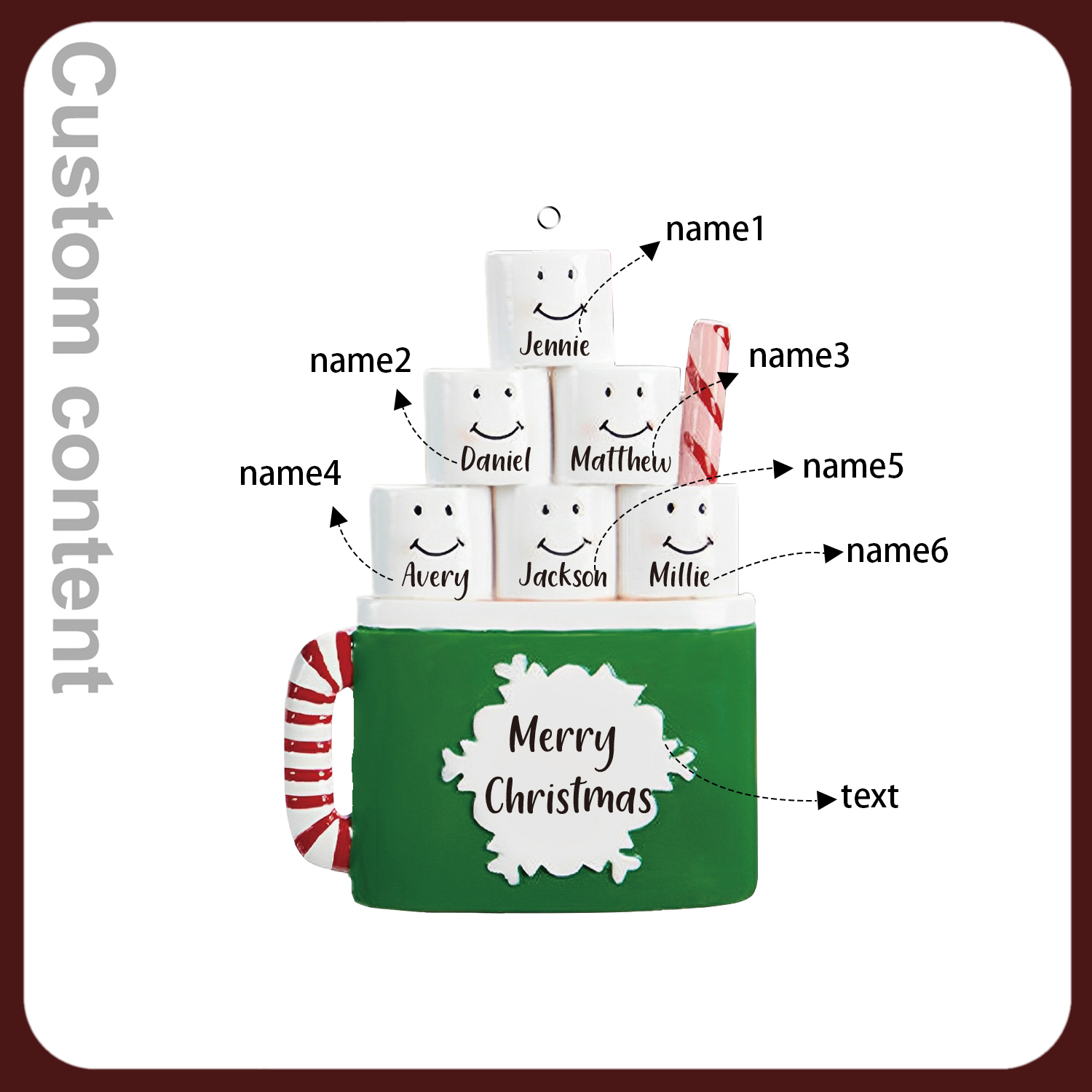 Navidad-Ornamento muñecos navideño de madera taza 6 nombres y 1 texto personalizados adorno del árbol-Jessemade ES