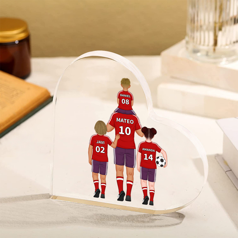 Placa de acrílico en forma de corazón fútbol con 2-4 nombres y números personalizados