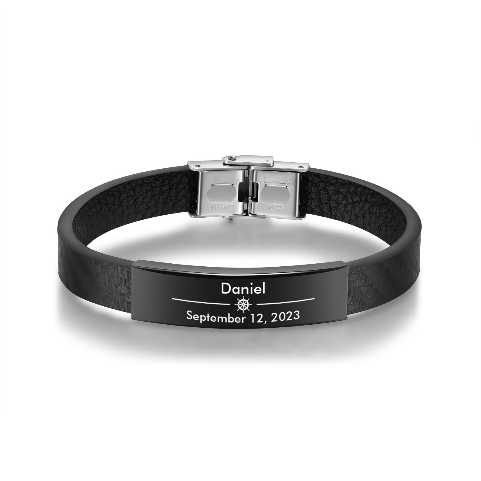 Pulsera de Cuero con Placa de Nombre y Fecha Personalizados -Jessemade ES