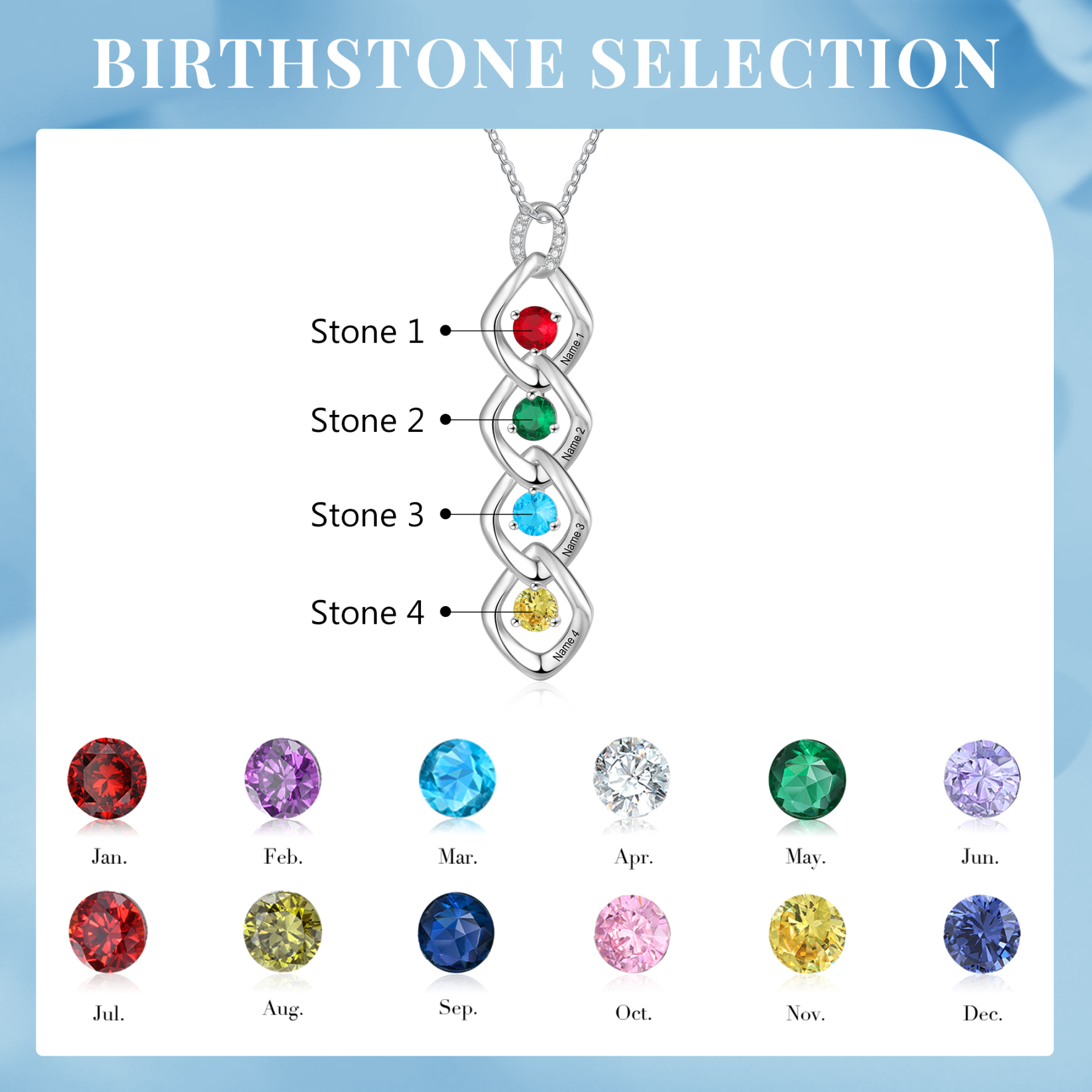 Collar de lazos con 2-5 nombres y piedras de nacimiento personalizados-Jessemade ES