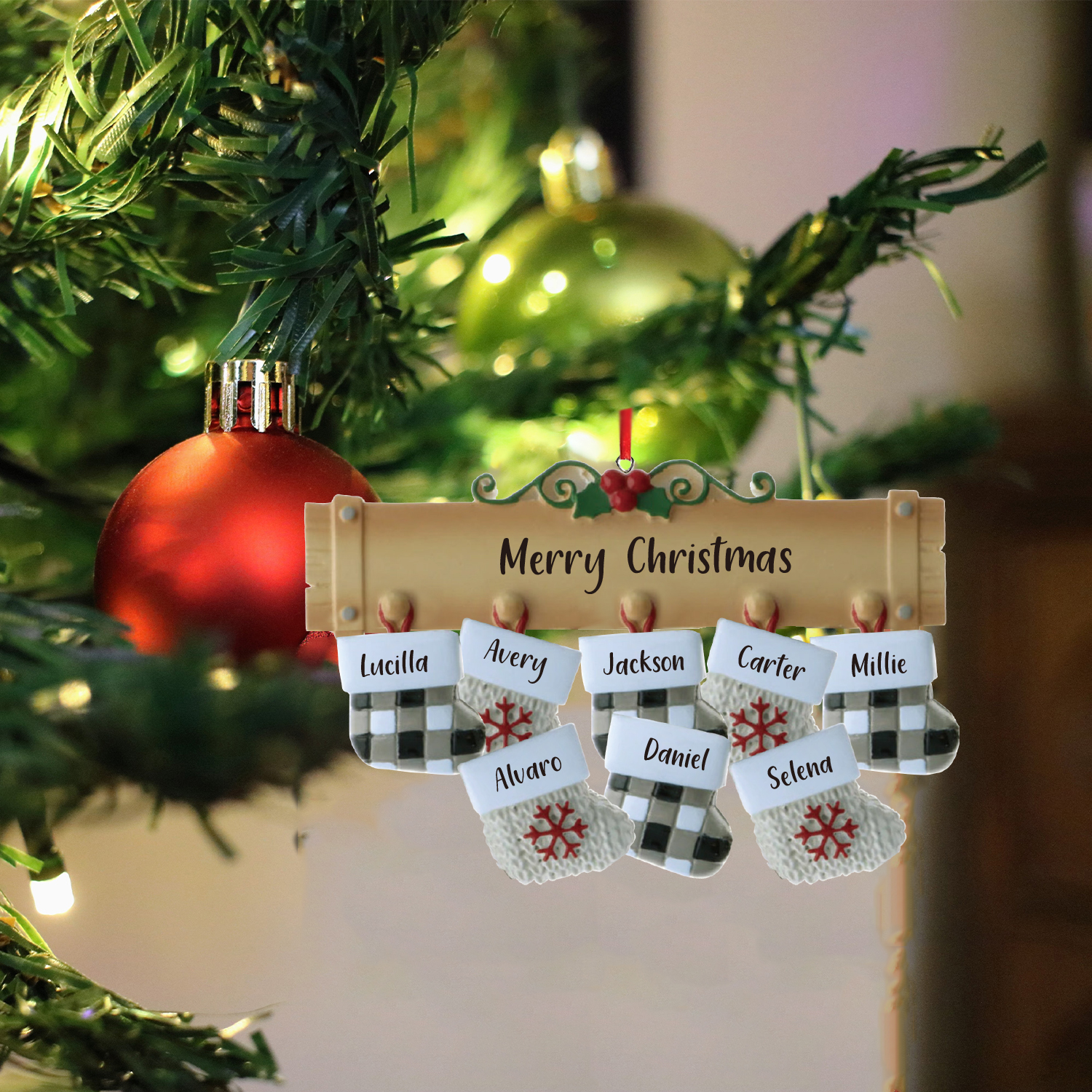 Navidad-Ornamento muñecos navideño de madera calcetines 8 nombres y 1 texto personalizados adorno del árbol-Jessemade ES