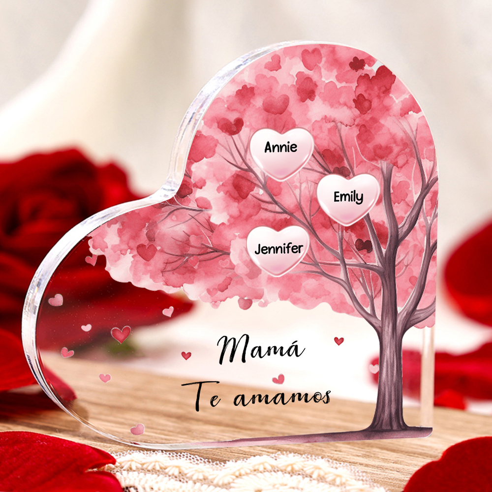A mi mamá/abuela-Placa de acrílico "Árbol" en forma de corazón 3 nombres y 1 texto personalizados-Jessemade ES
