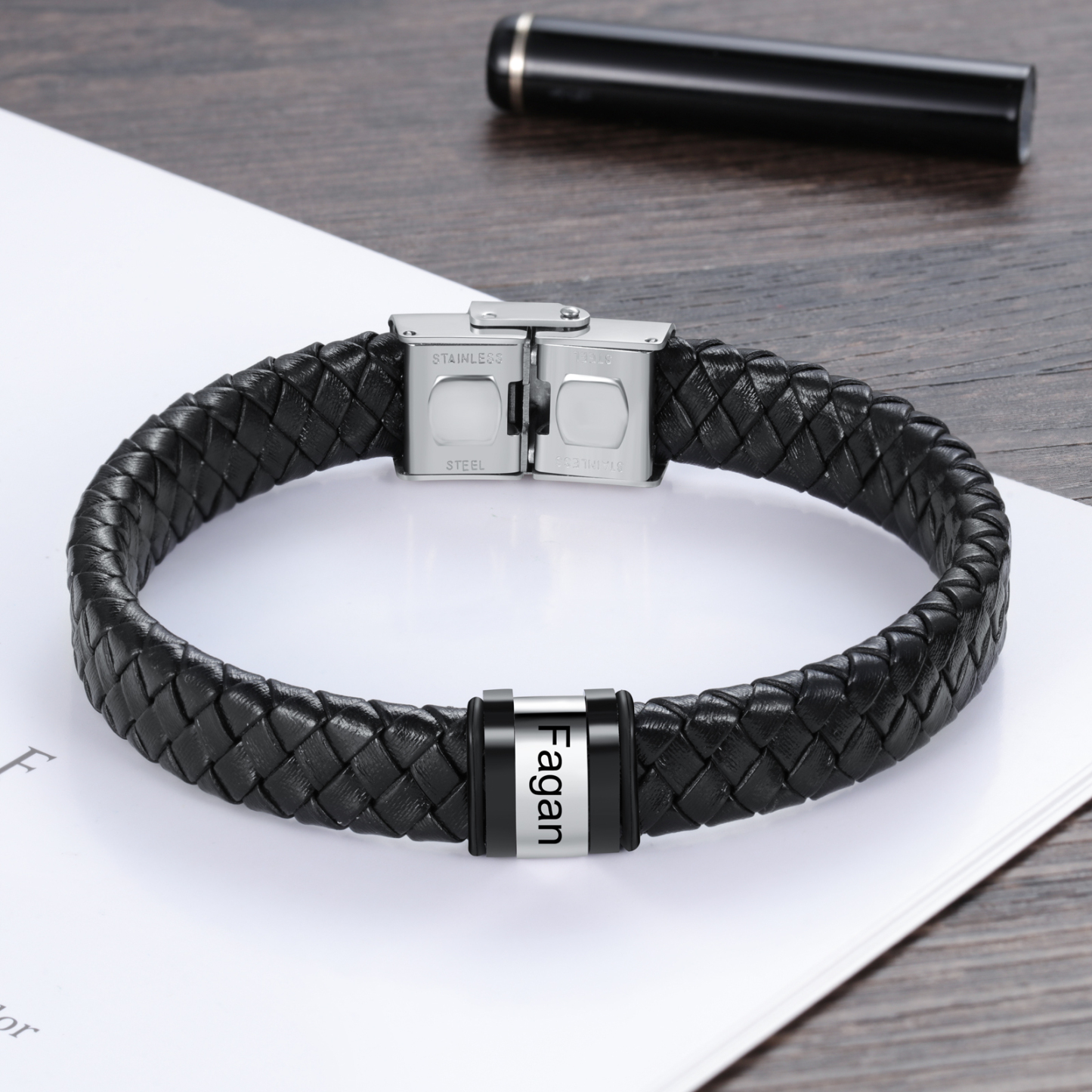 A MI PAPÁ-Pulsera de cuero trenzado de hombre con 1 perla personalizada con 1 nombre-Jessemade ES