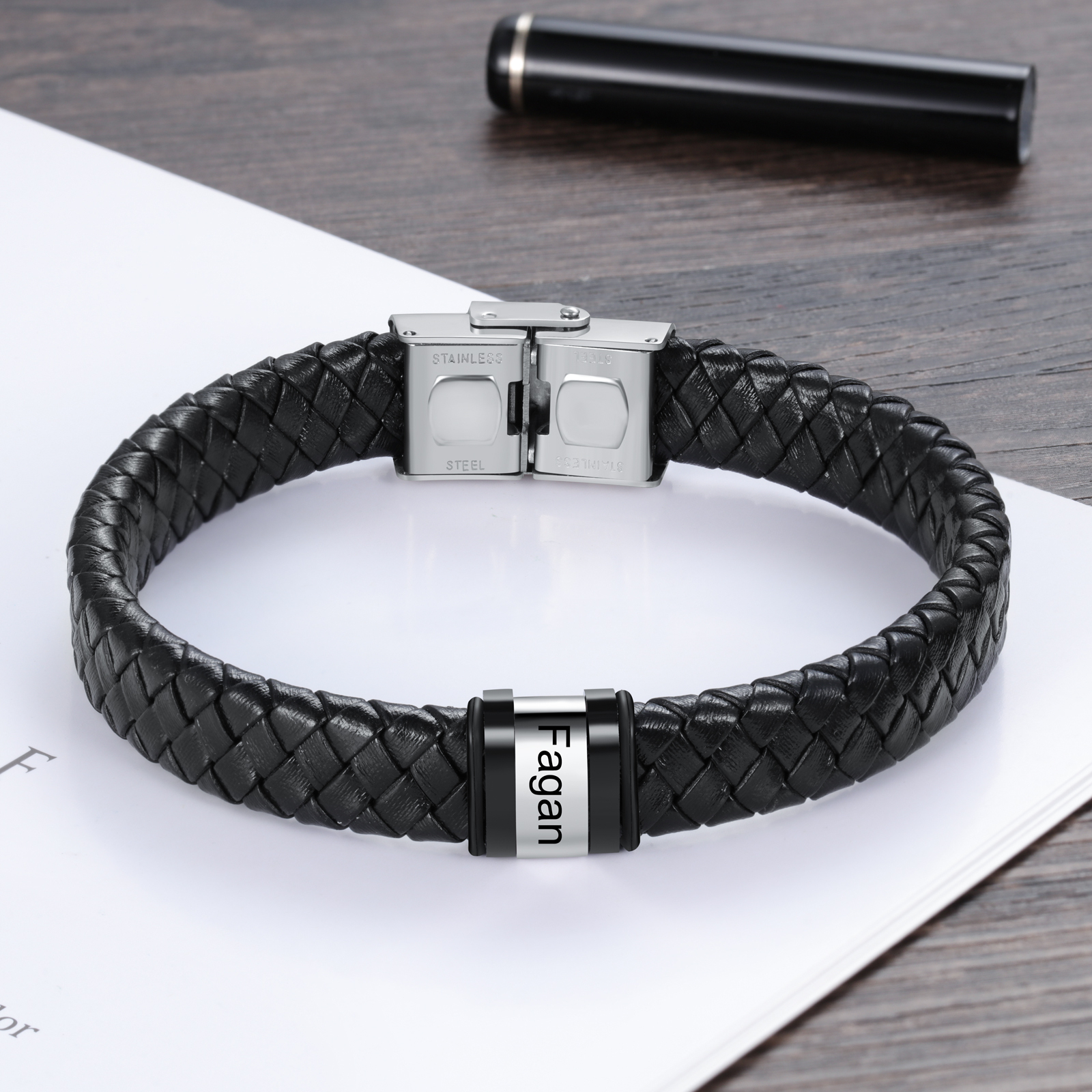 A MI PAPÁ-Pulsera de cuero trenzado de hombre con 1 perla personalizada con 1 nombre-Jessemade ES