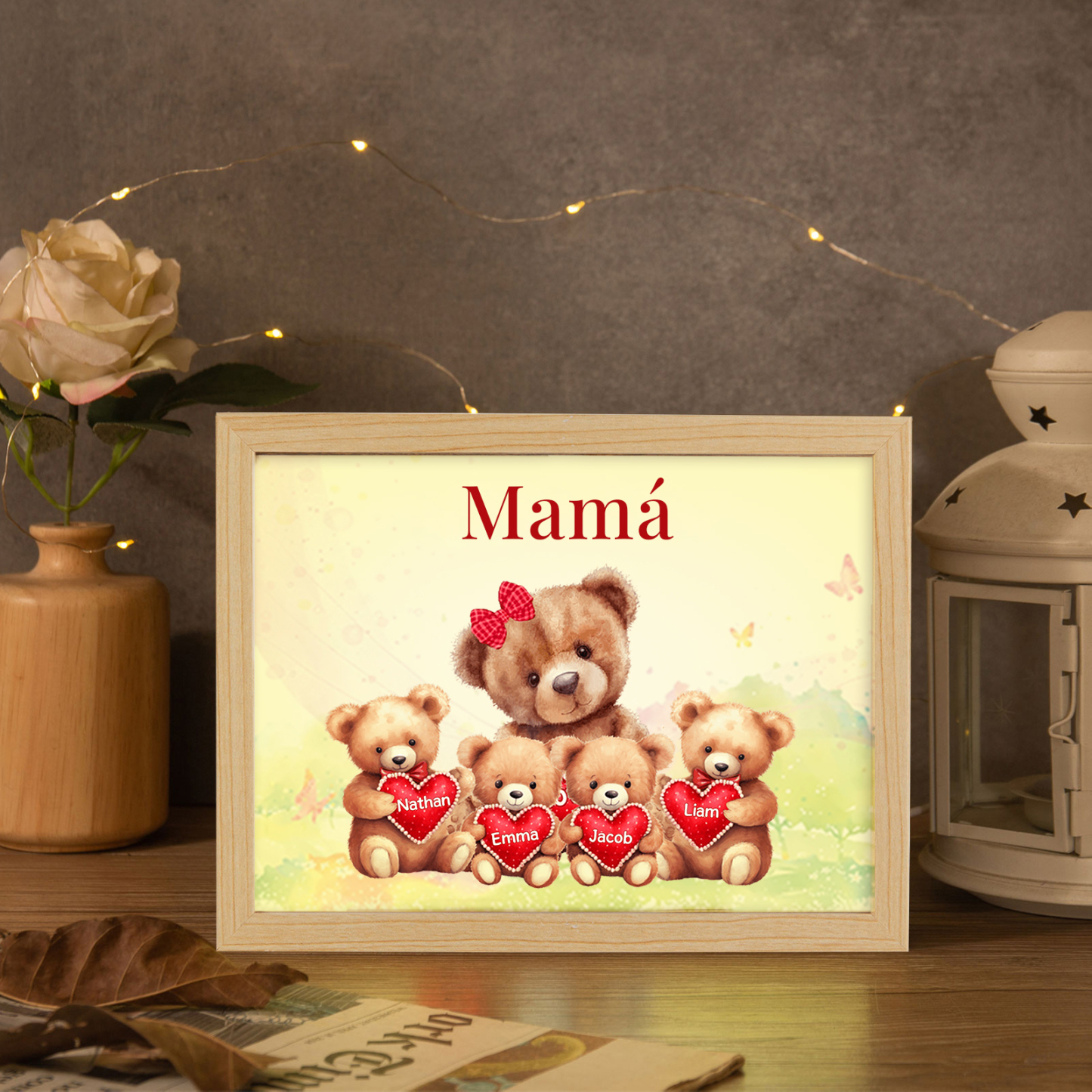 Marco con LED Familia de Osos 1-4 Nombres Personalizados con 1 Texto-Jessemade ES