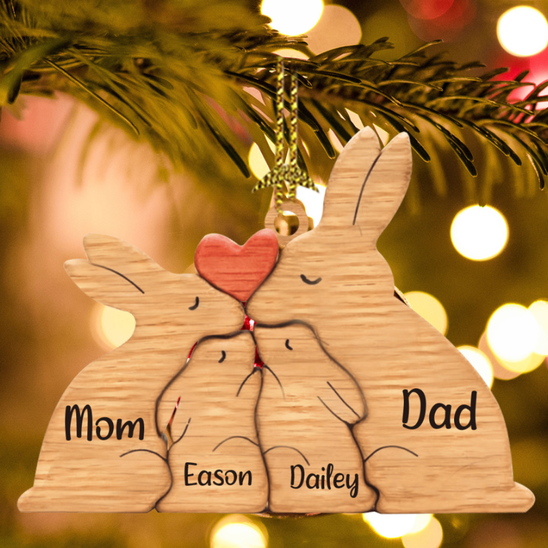 Navidad-Ornamento muñecos navideño de madera familia de conejos 4 nombres personalizados adorno del árbol-Jessemade ES