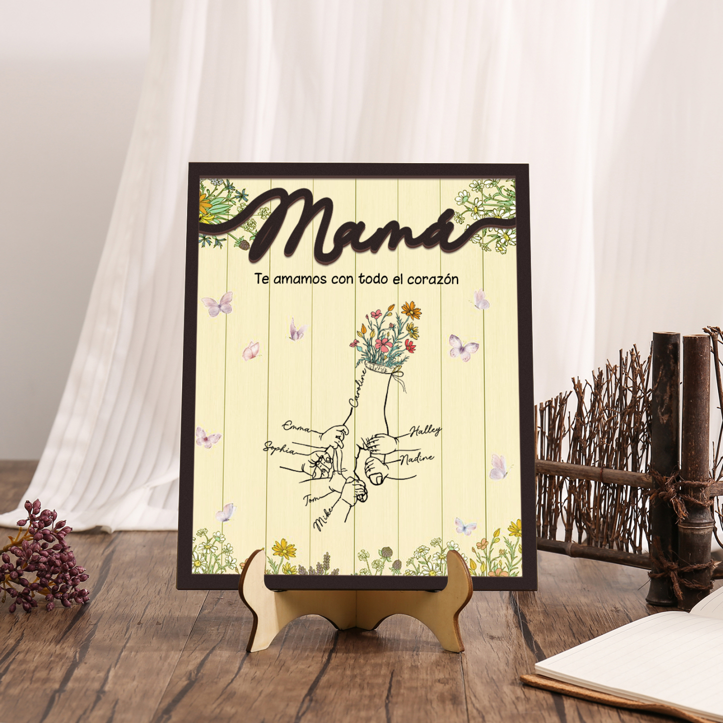 A mi mamá-Adorno 3-9 nombres personalizados decoración de madera mano con manitos-Jessemade ES