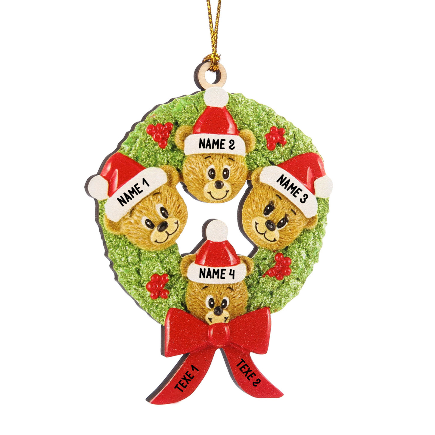 Navidad-Ornamentos Navideños de Madera Guirnalda y osos 4 Nombres con 2 Textos Personalizados