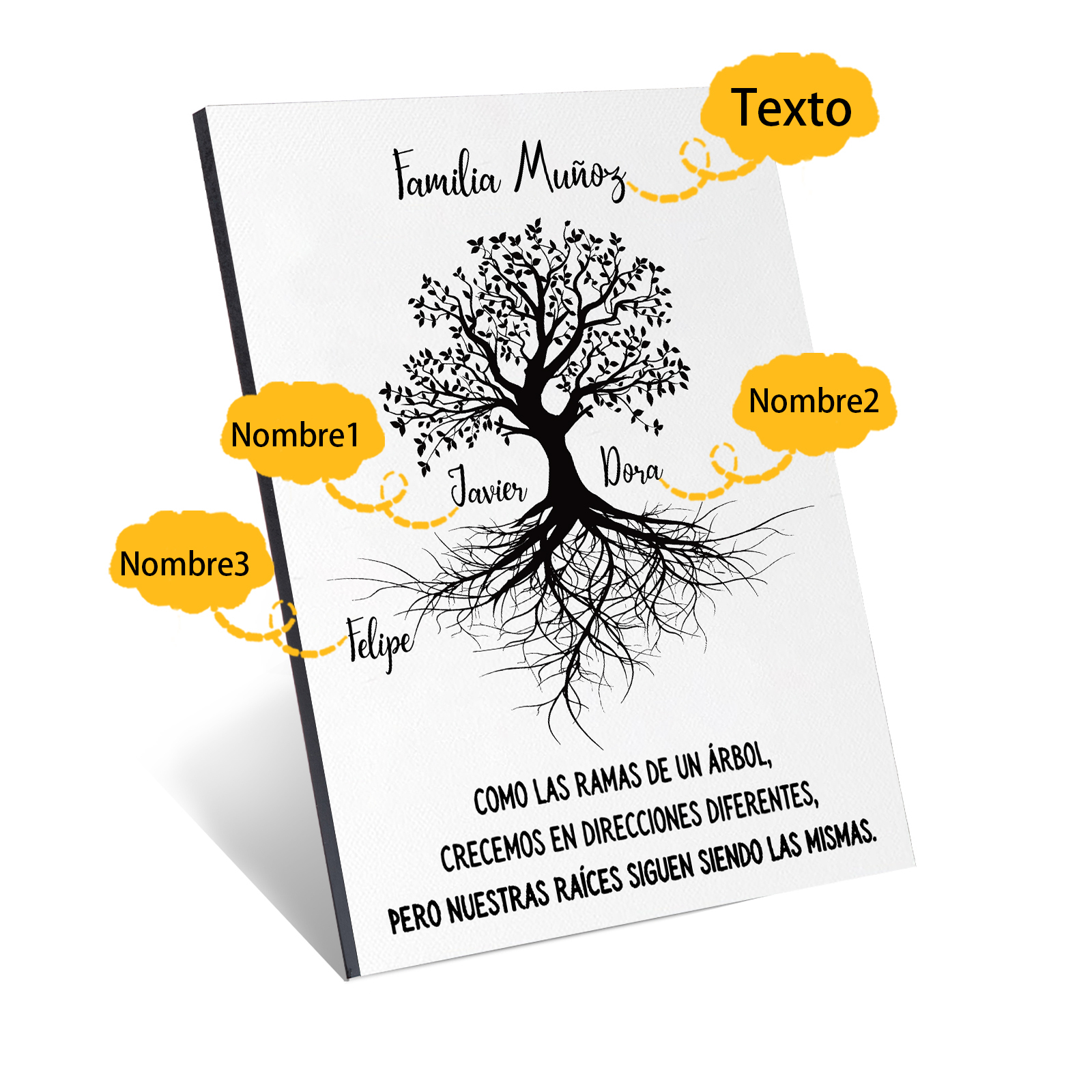 A mi familia-Lámina marco de madera Árbol de la Vida 1 texto y 3 nombres personalizados-Jessemade ES