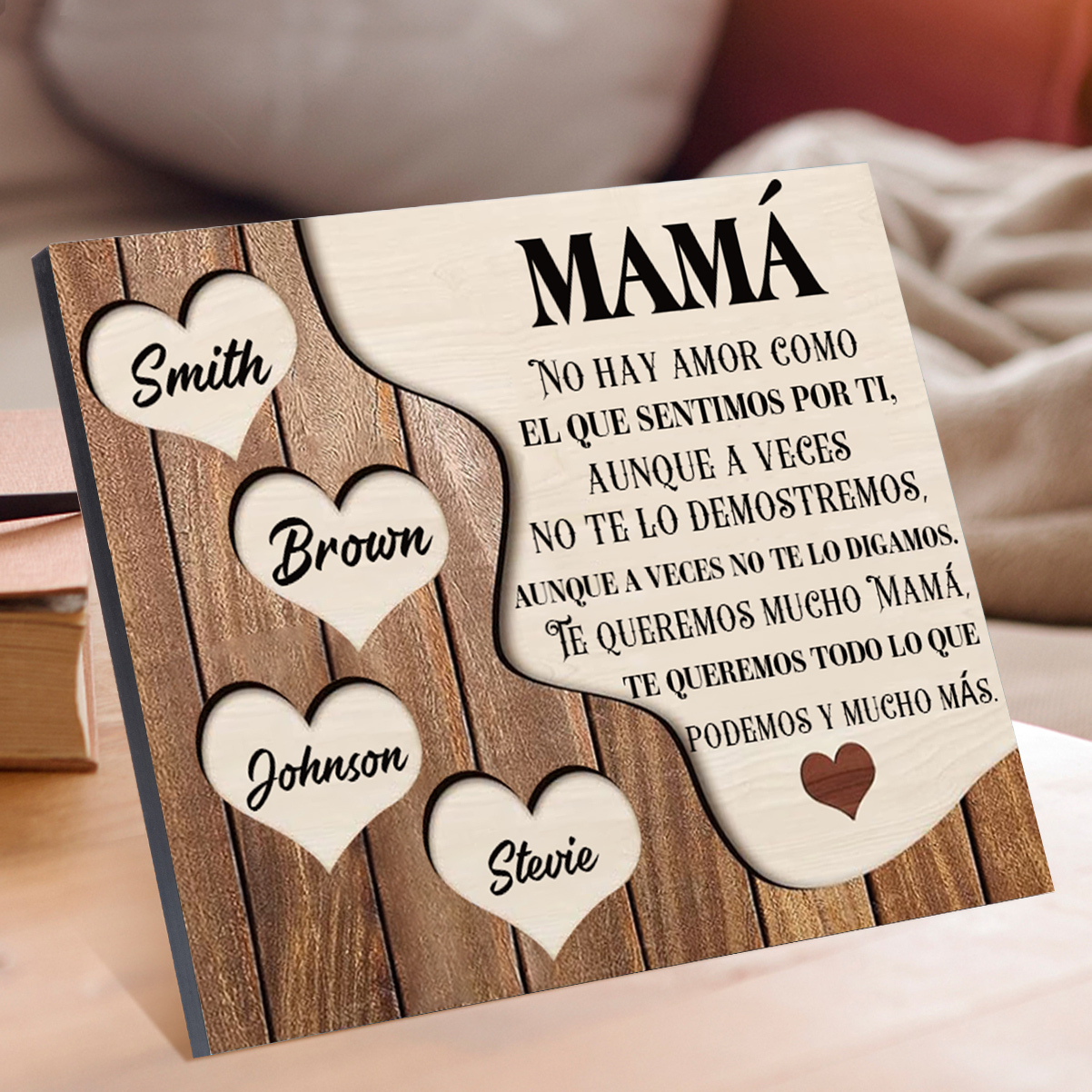 A mi mamá - Lámina 2-8 nombres personalizados marco de madera cara y corazones-Jessemade ES