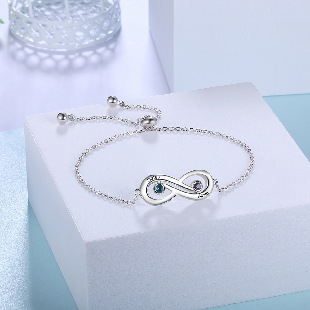 Pulsera infinito ajustable con 2 piedras de nacimiento y 2 nombres personalizados