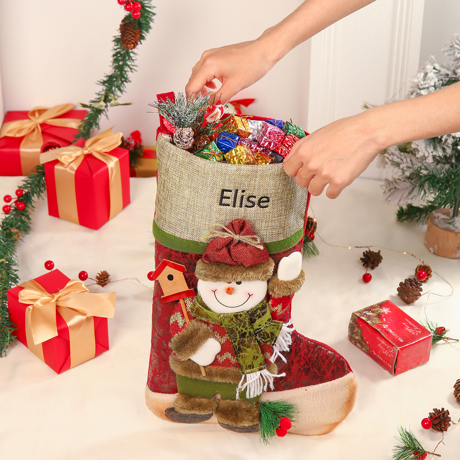 Adornos de medias navideñas con muñeco Bolsa de regalo 1 Nombre personalizado-Jessemade ES