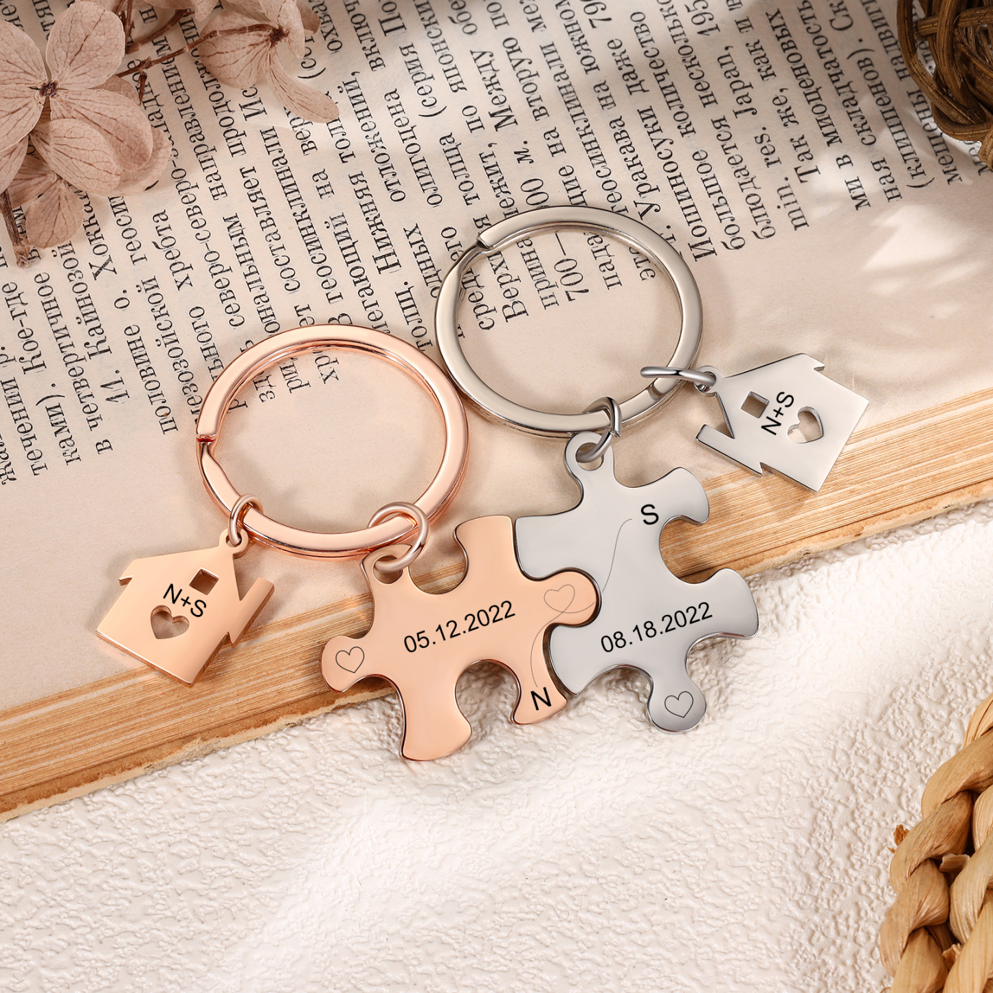 Llavero para pareja rompecabezas 2 letras personalizadas con fecha dije de casa-Jessemade ES