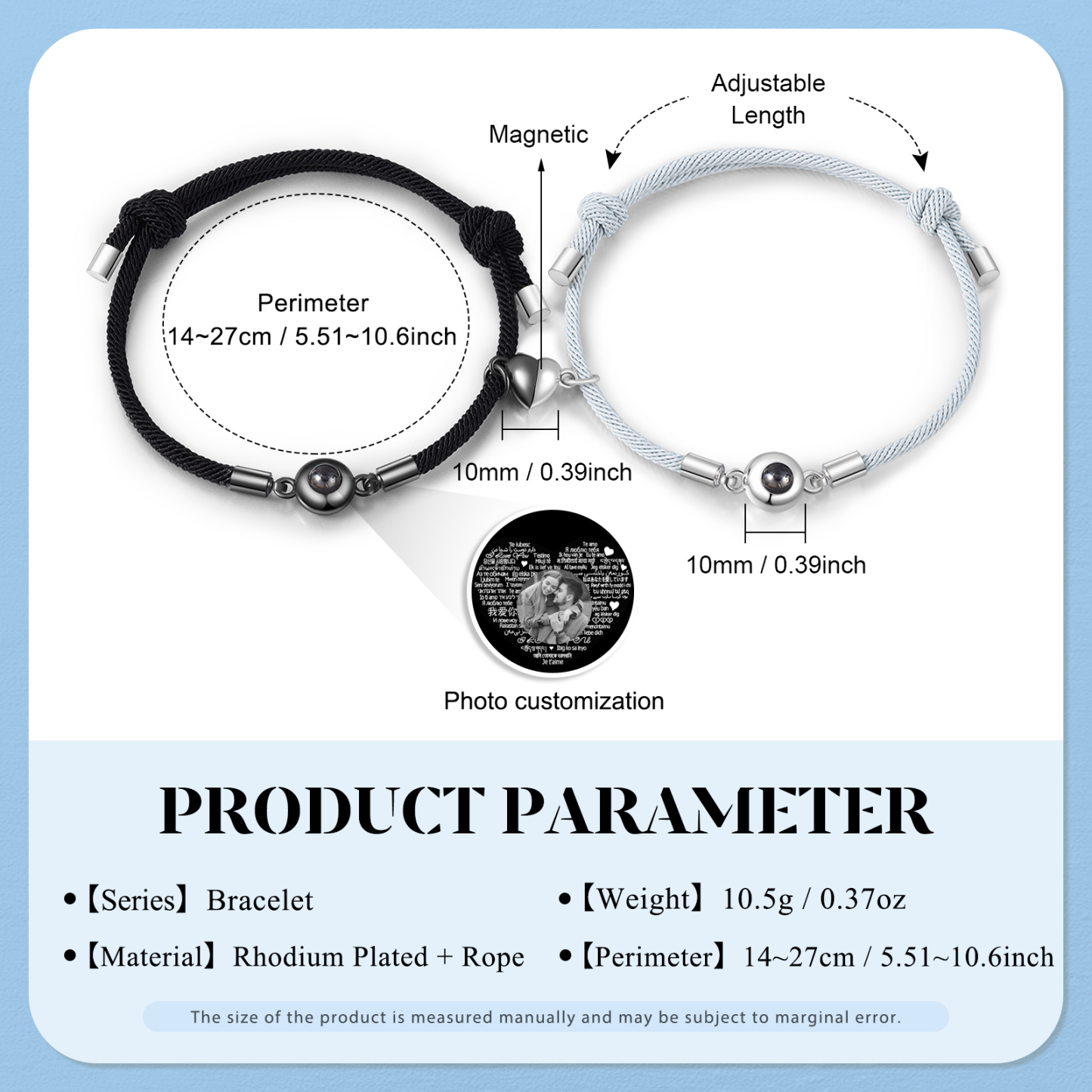 Pulsera para pareja con proyección de foto con dije de corazón magnético-Jessemade ES