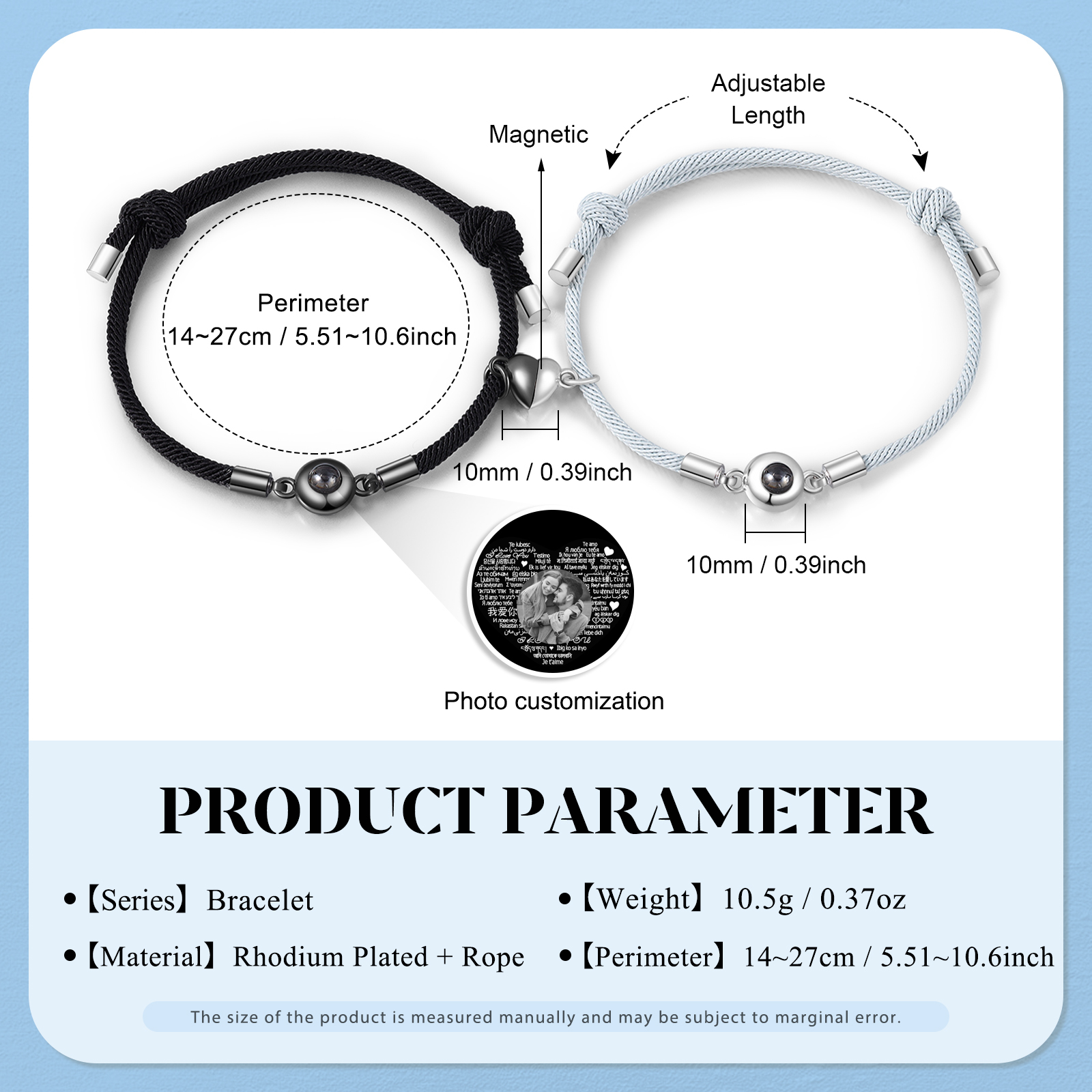 Pulsera para pareja con proyección de foto con dije de corazón magnético-Jessemade ES