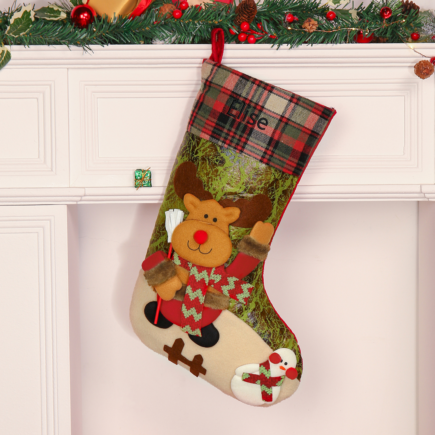 Adornos de medias navideñas con muñeco Bolsa de regalo 1 Nombre personalizado-Jessemade ES