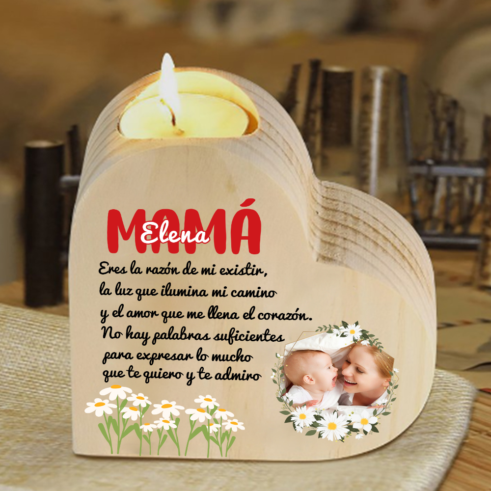 A mi mamá-Candelero con nombre y foto personalizados en forma de corazón de madera sin candela-Jessemade ES