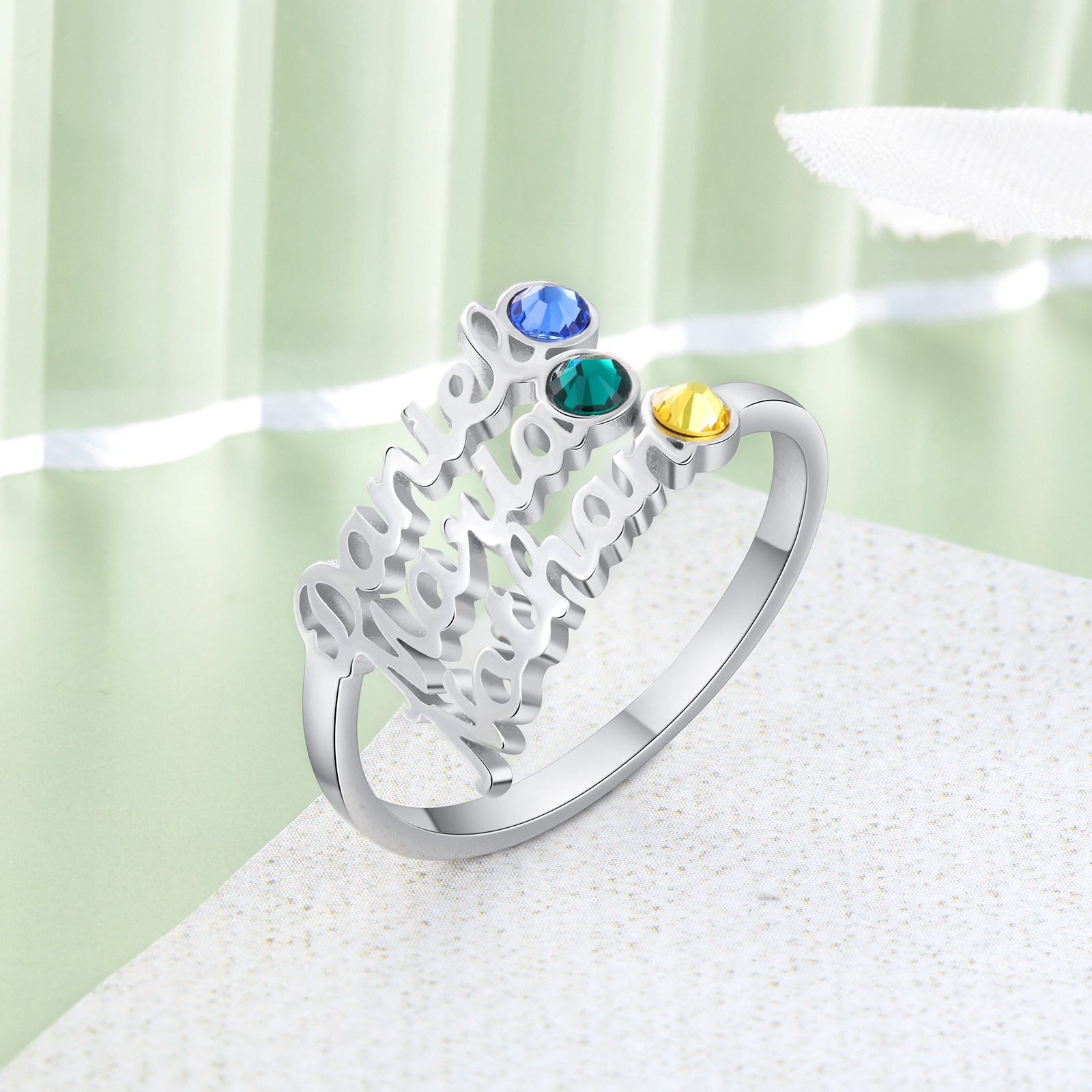 Anillo personalizado de 3 nombres y 3 piedras de nacimiento anillo familia-Jessemade ES