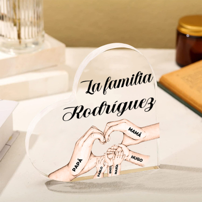 Placa de acrílico en forma de corazón mano a mano con 1 texto y 6 nombres personalizados-Jessemade ES