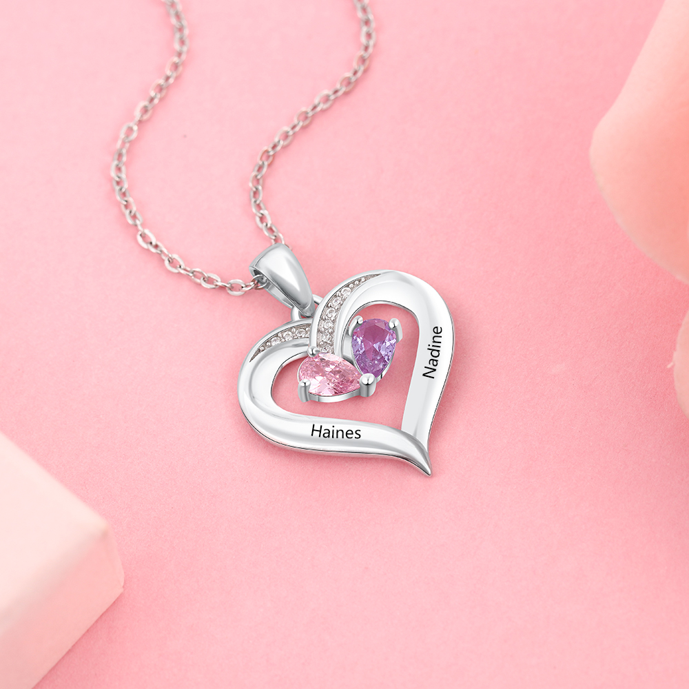 Collar para mujer de corazón 2 nombres y 2 piedras personalizados de plata 925