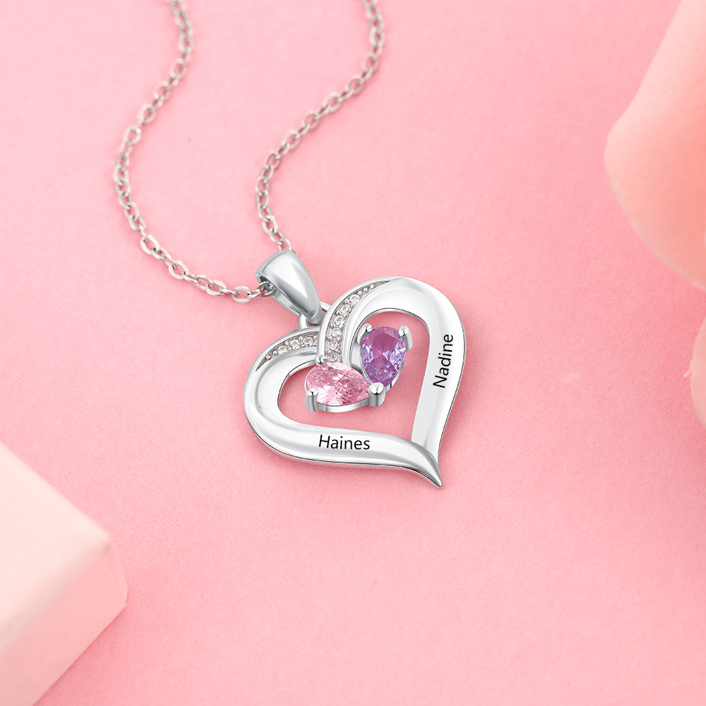 Collar para mujer de corazón 2 nombres y 2 piedras personalizados de plata 925