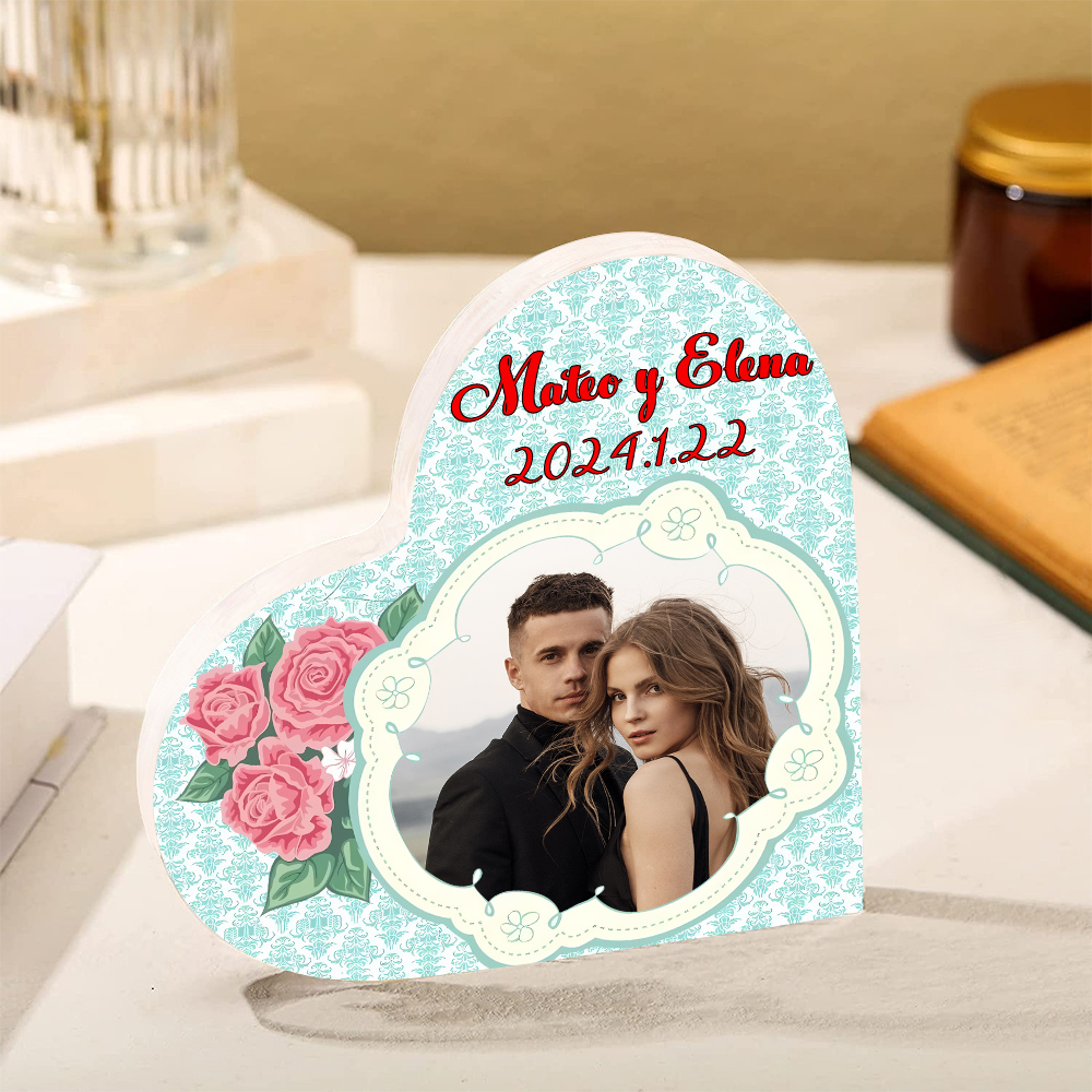 Placa de acrílico en forma de corazón con fecha, texto y foto personalizados-Jessemade ES