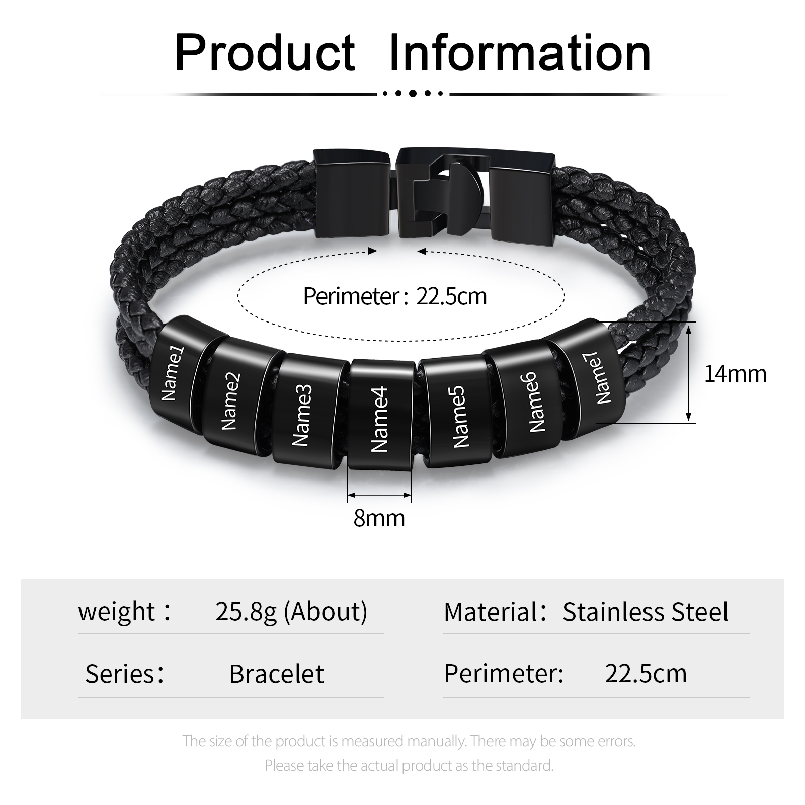 Pulsera de tres cueros trenzados 7 aros con 7 nombres personalizados pulsera de hombre-Jessemade ES
