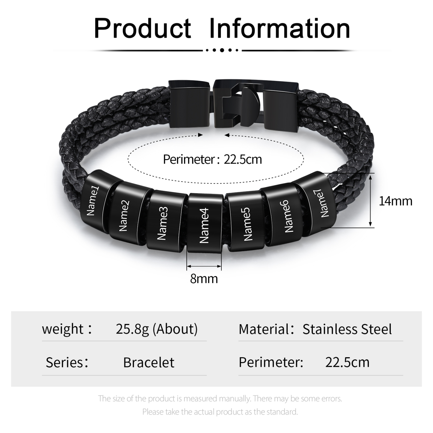 Pulsera de tres cueros trenzados 7 aros con 7 nombres personalizados pulsera de hombre-Jessemade ES