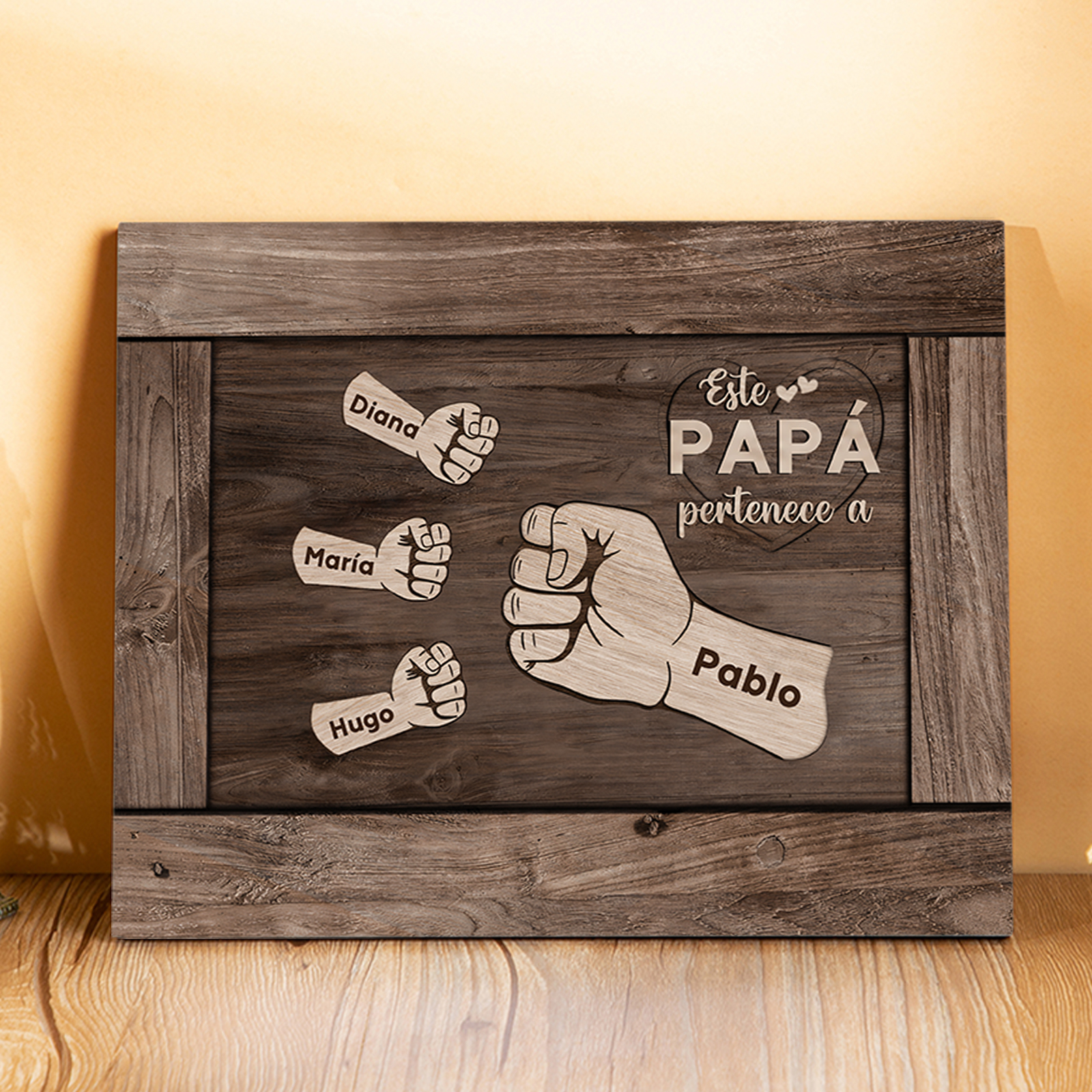 A mi papá - Lámina marco de madera puño con puño 4 nombres personalizados-Jessemade ES