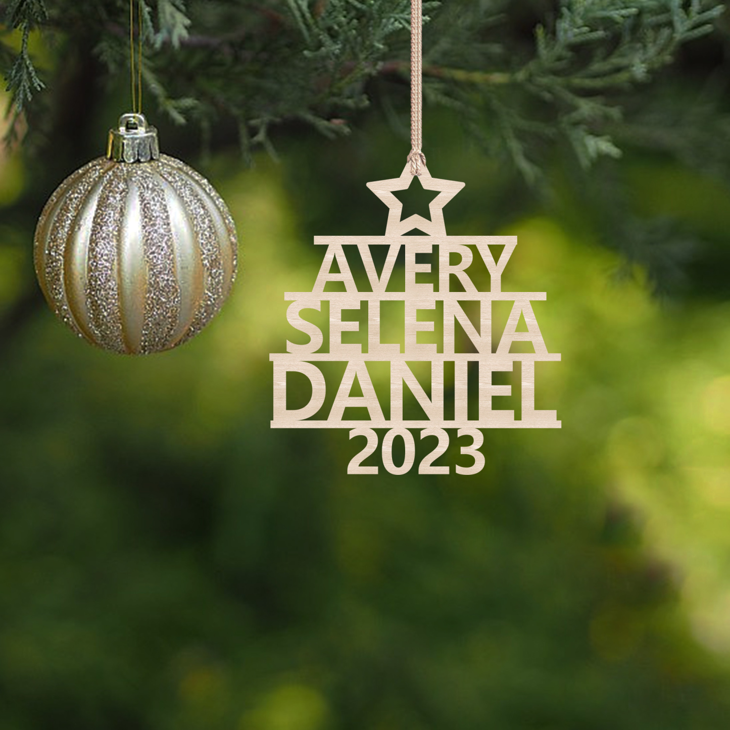 Navidad-Ornamento navideño de madera árbol de nombres con 3 nombres y año personalizados