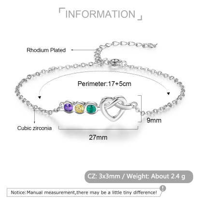 Pulsera de corazón con 3 piedras de nacimiento personalizados