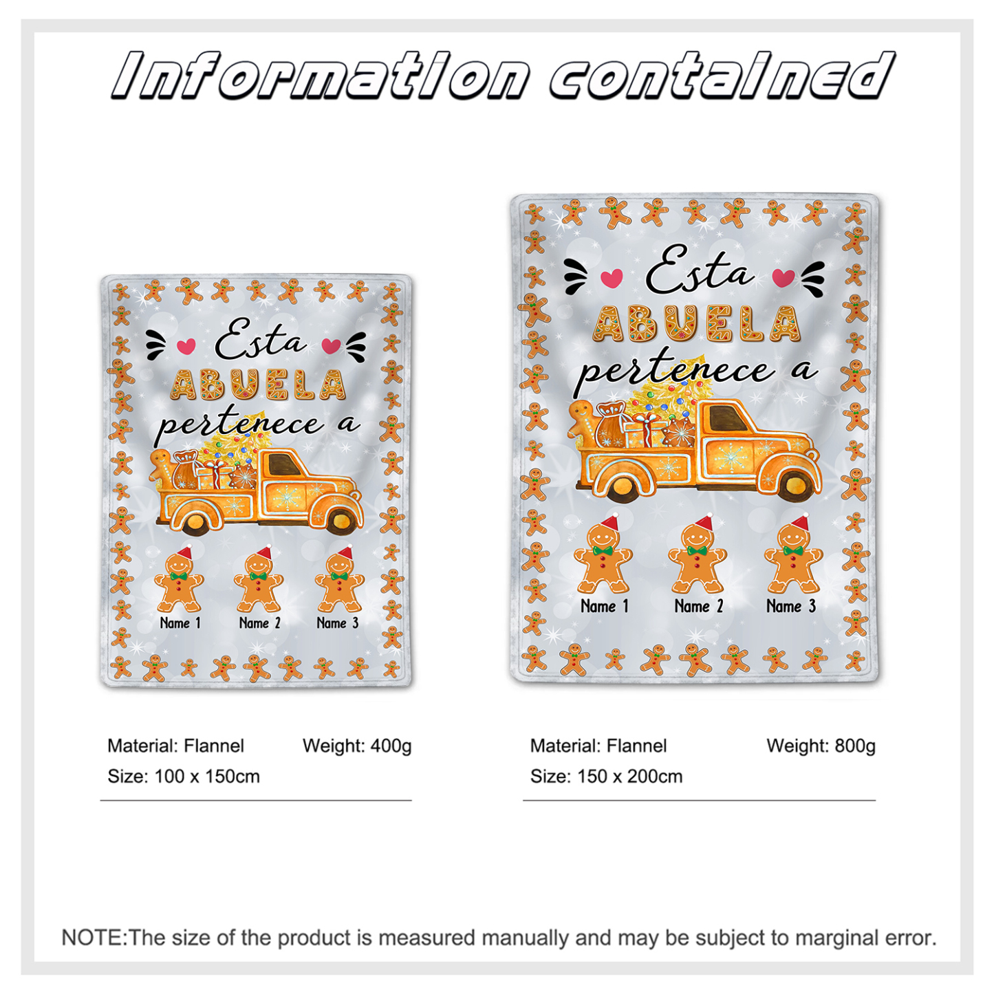 A mi abuela-Manta de buen calidad de Navidad hombres de jengibre personalizada con 3 nombres-Jessemade ES